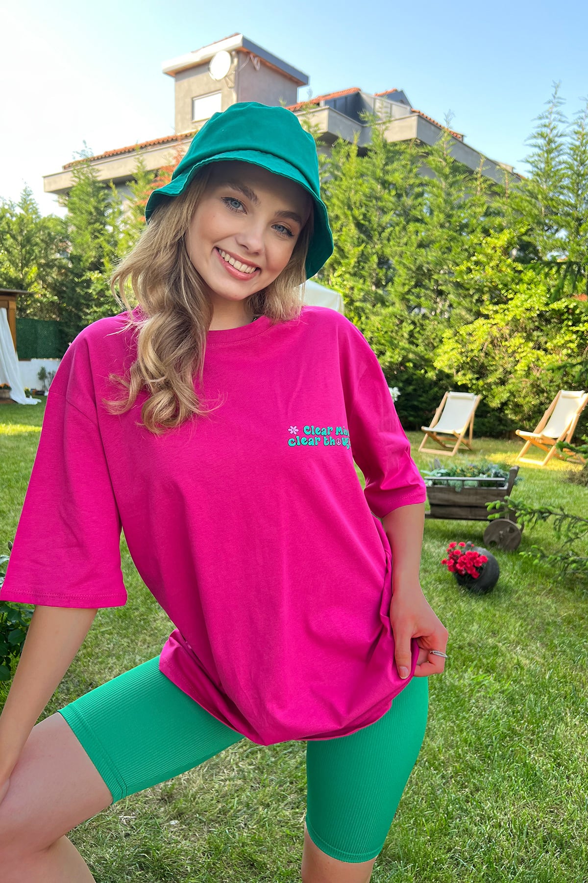 Bisiklet Yaka Önü Ve Arkası Flok Baskılı %100 Pamuk Oversize T-Shirt - Fuşya