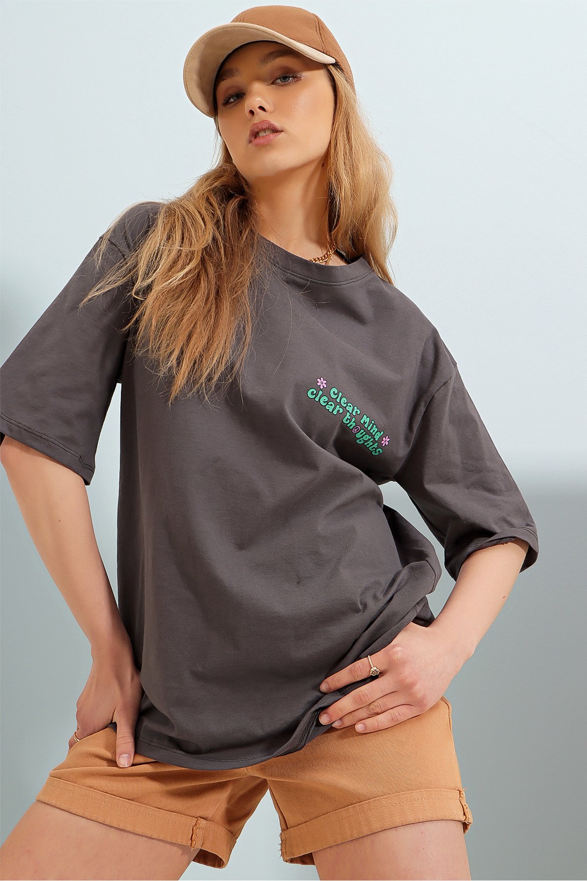 Bisiklet Yaka Önü Ve Arkası Flok Baskılı %100 Pamuk Oversize T-Shirt - Antrasit