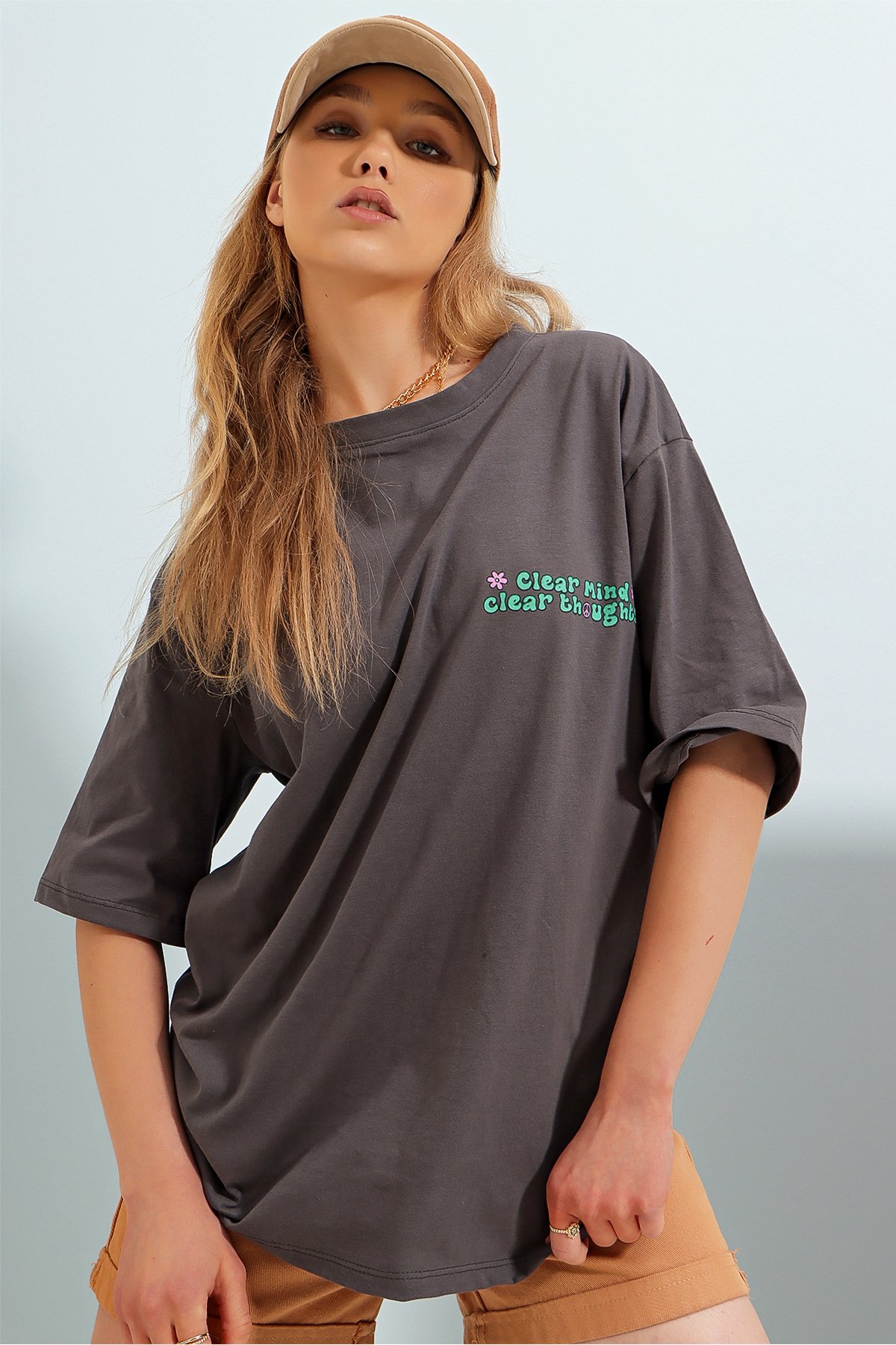 Bisiklet Yaka Önü Ve Arkası Flok Baskılı %100 Pamuk Oversize T-Shirt - Antrasit