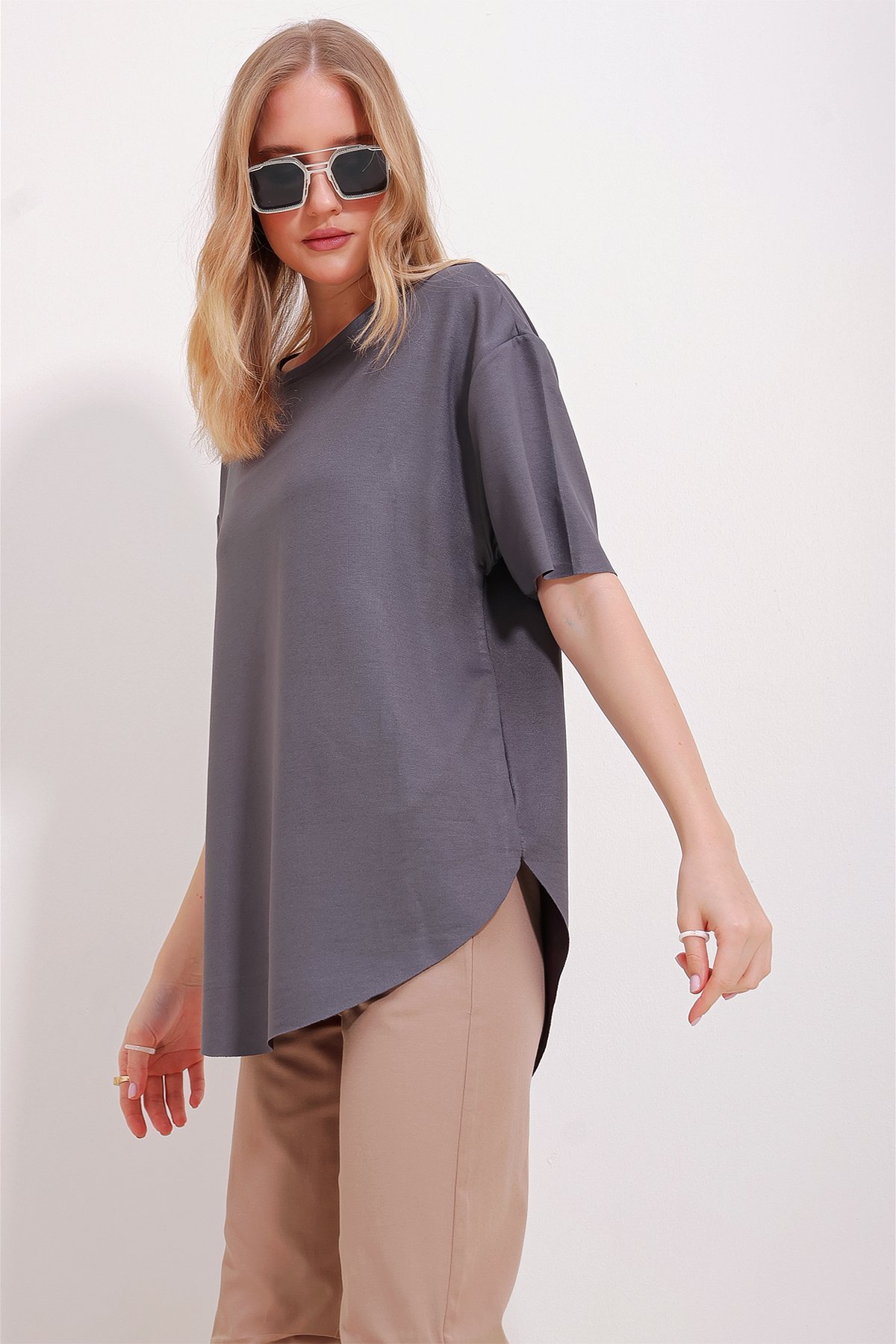 Bisiklet Yaka Oval Kesim Modal T-Shirt - Antrasit