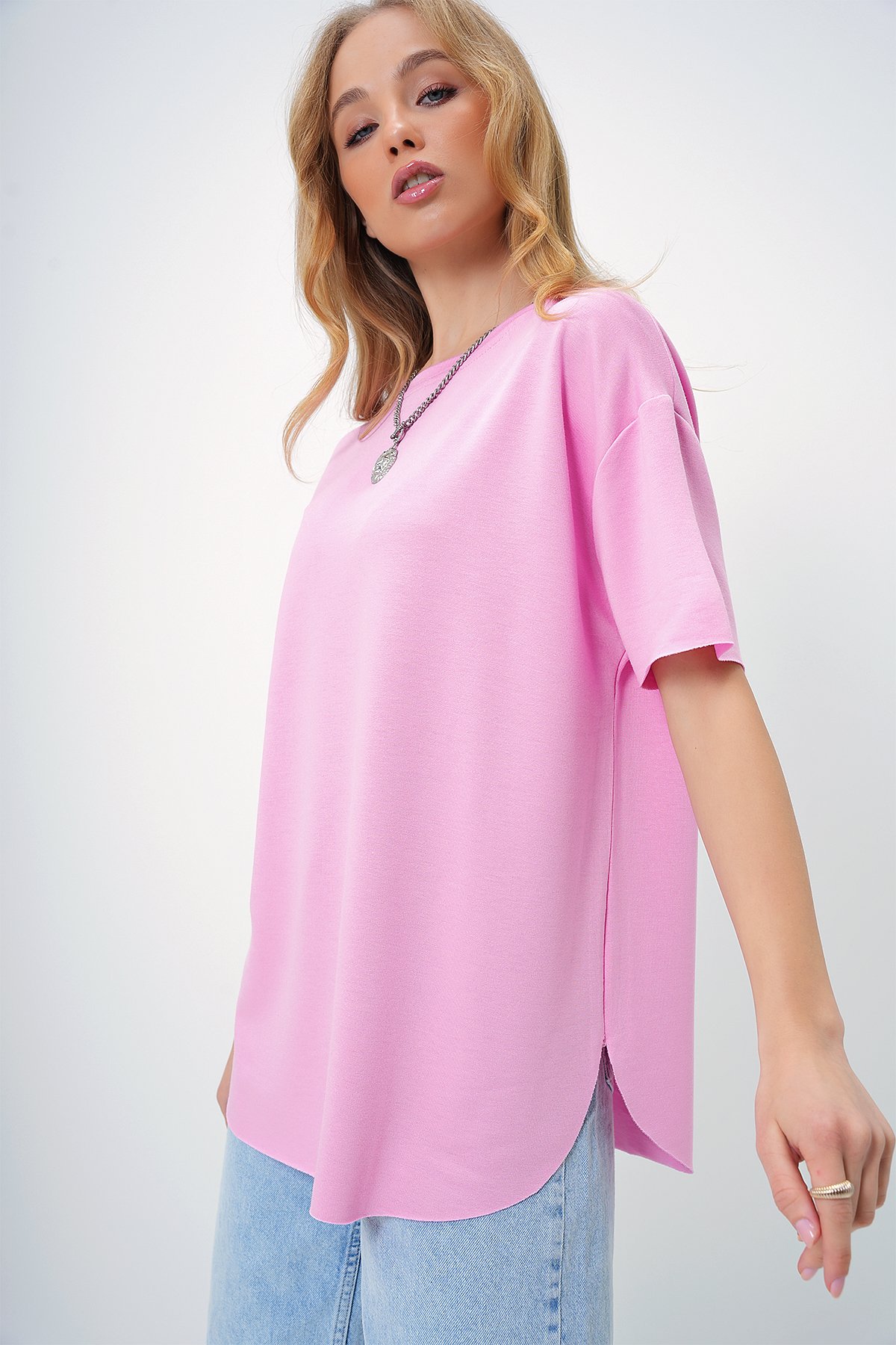 Bisiklet Yaka Oval Kesim Modal T-Shirt - PEMBE
