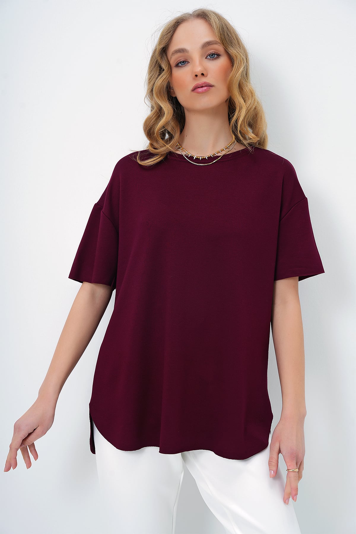 Bisiklet Yaka Oval Kesim Modal T-Shirt - BORDO