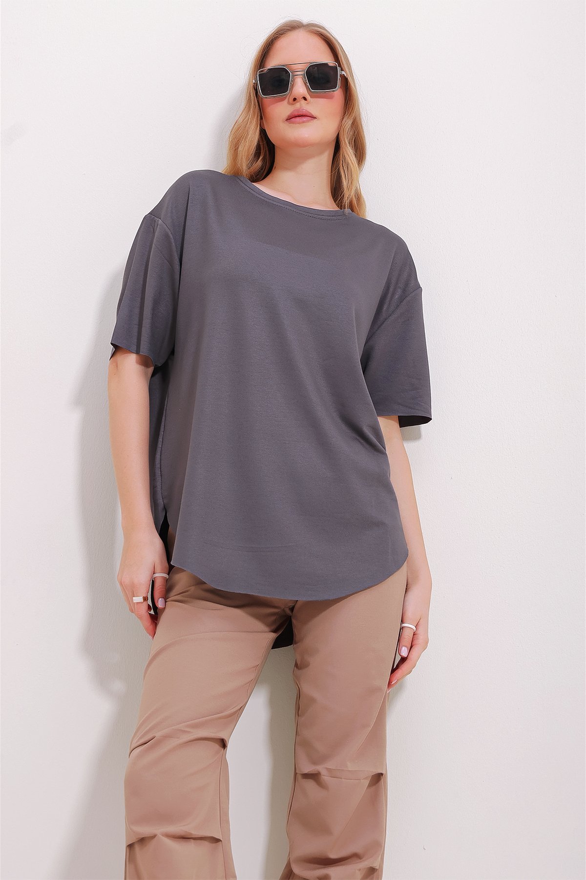 Bisiklet Yaka Oval Kesim Modal T-Shirt - Antrasit