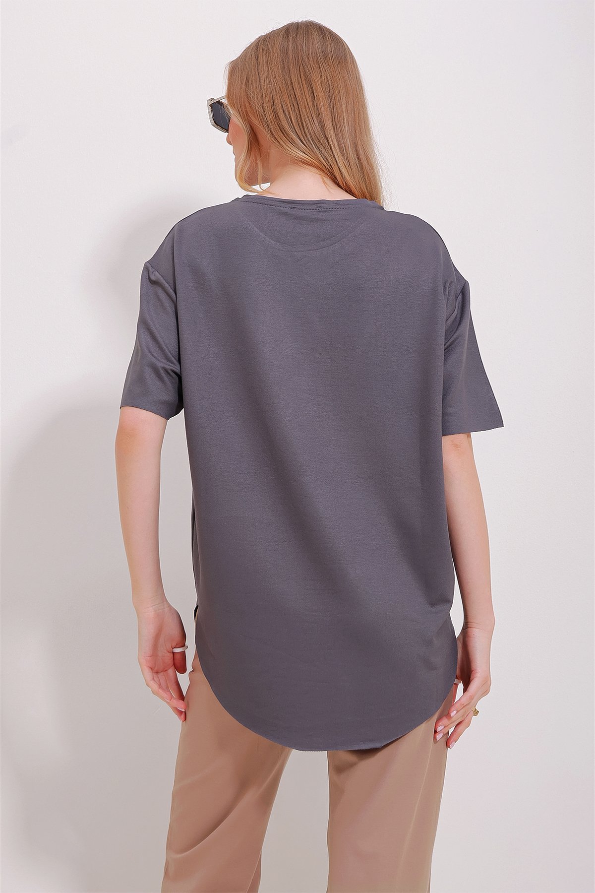 Bisiklet Yaka Oval Kesim Modal T-Shirt - Antrasit