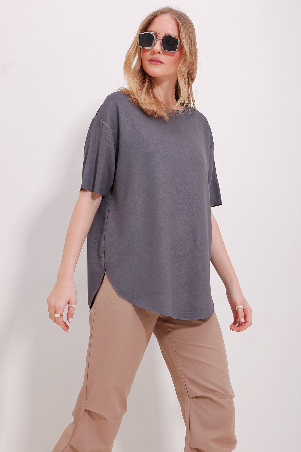 Bisiklet Yaka Oval Kesim Modal T-Shirt - Antrasit