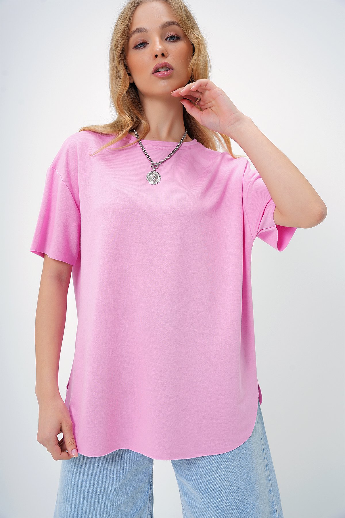Bisiklet Yaka Oval Kesim Modal T-Shirt - PEMBE