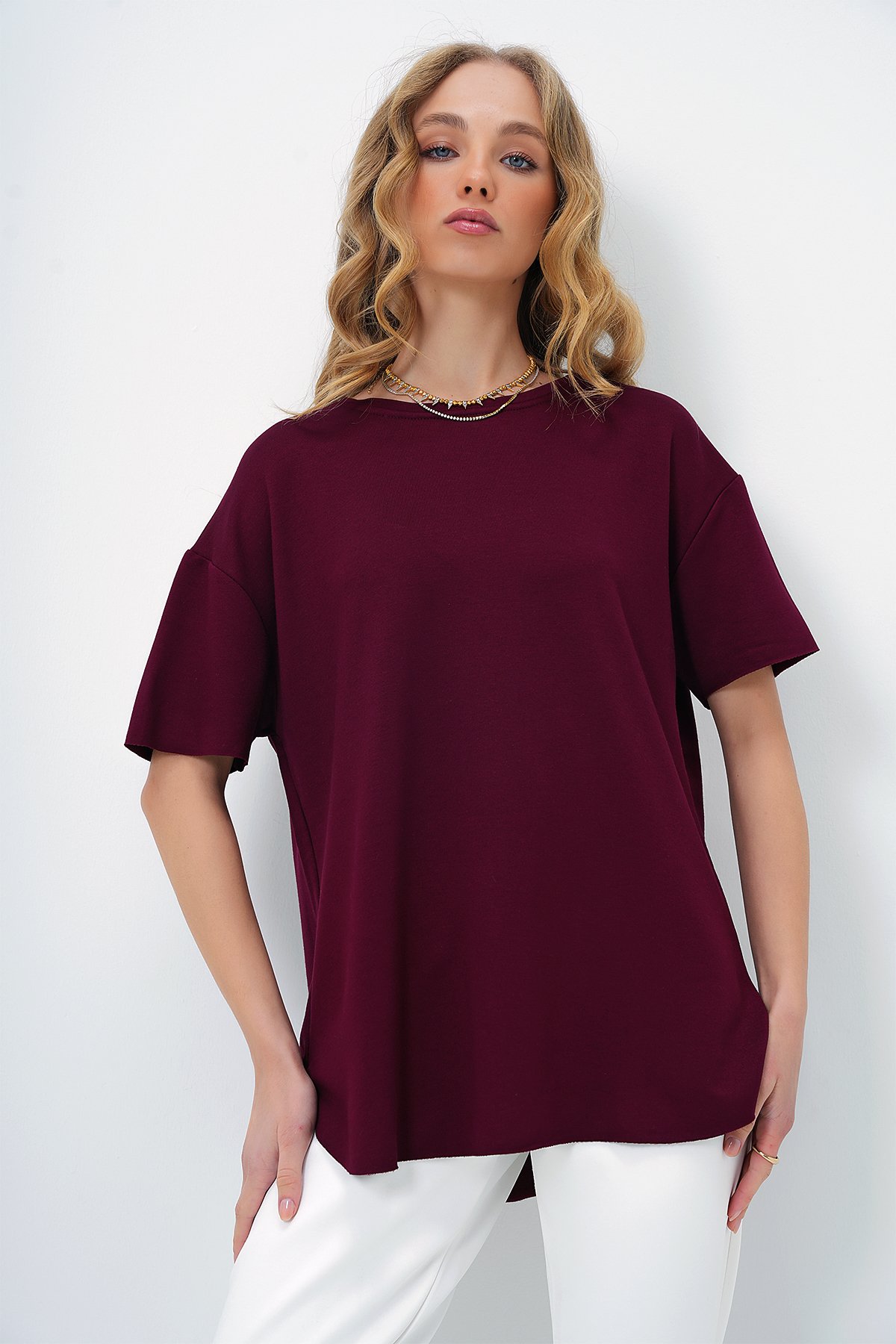 Bisiklet Yaka Oval Kesim Modal T-Shirt - BORDO