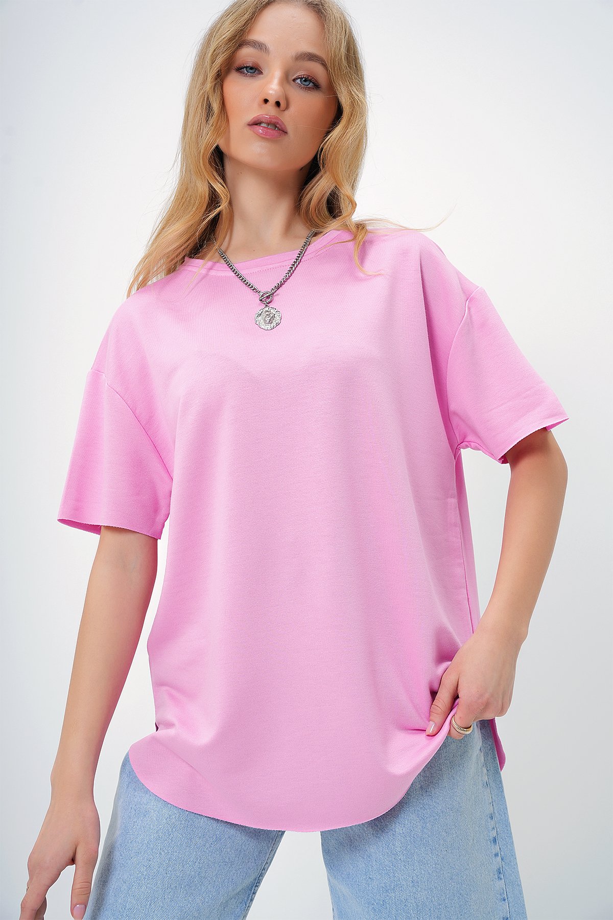 Bisiklet Yaka Oval Kesim Modal T-Shirt - PEMBE
