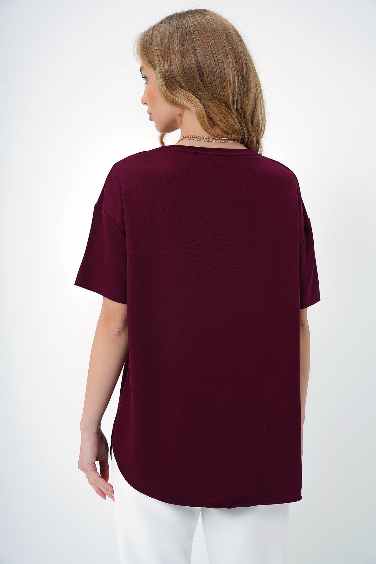 Bisiklet Yaka Oval Kesim Modal T-Shirt - BORDO