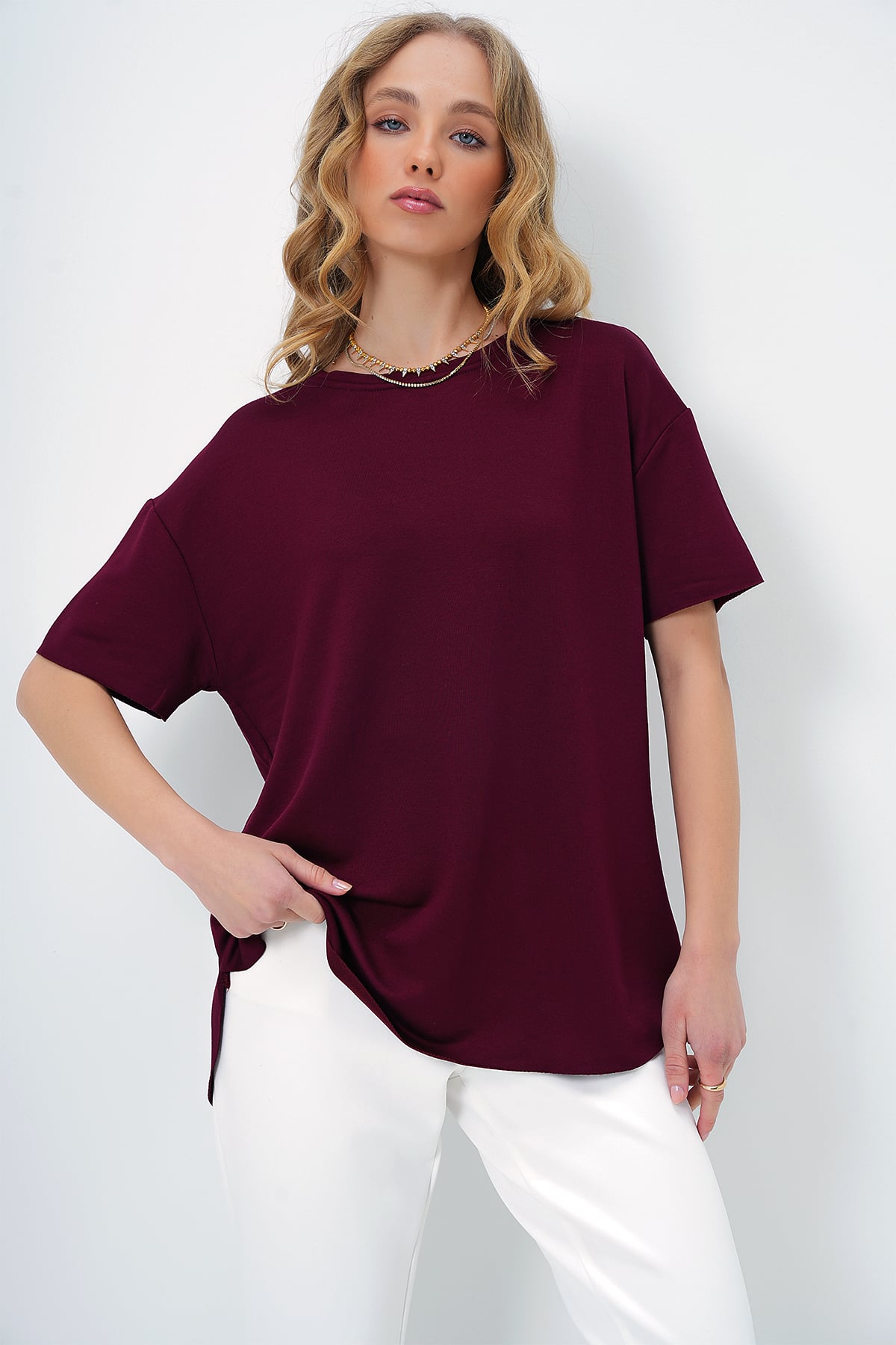 Bisiklet Yaka Oval Kesim Modal T-Shirt - BORDO