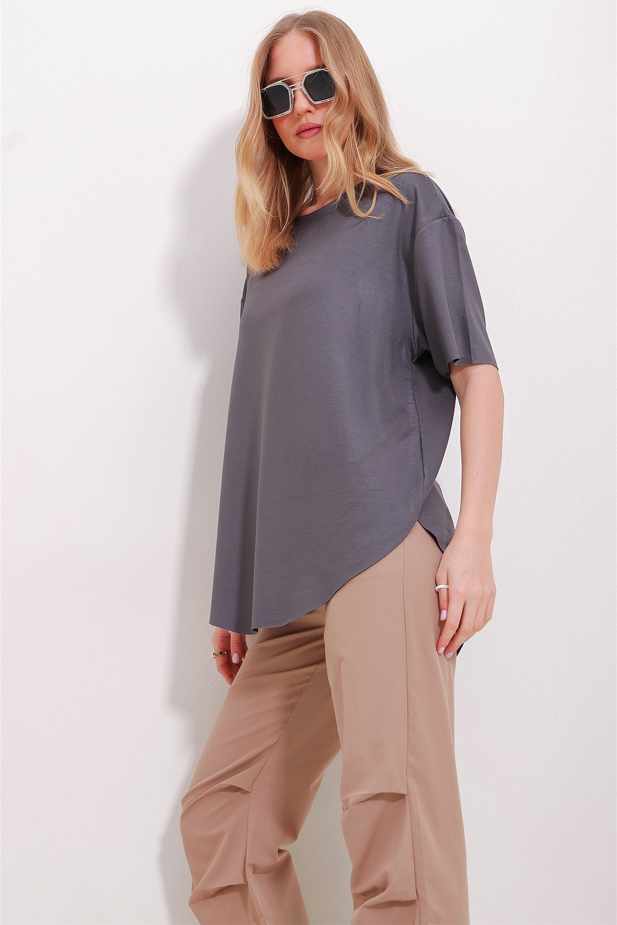 Bisiklet Yaka Oval Kesim Modal T-Shirt - Antrasit