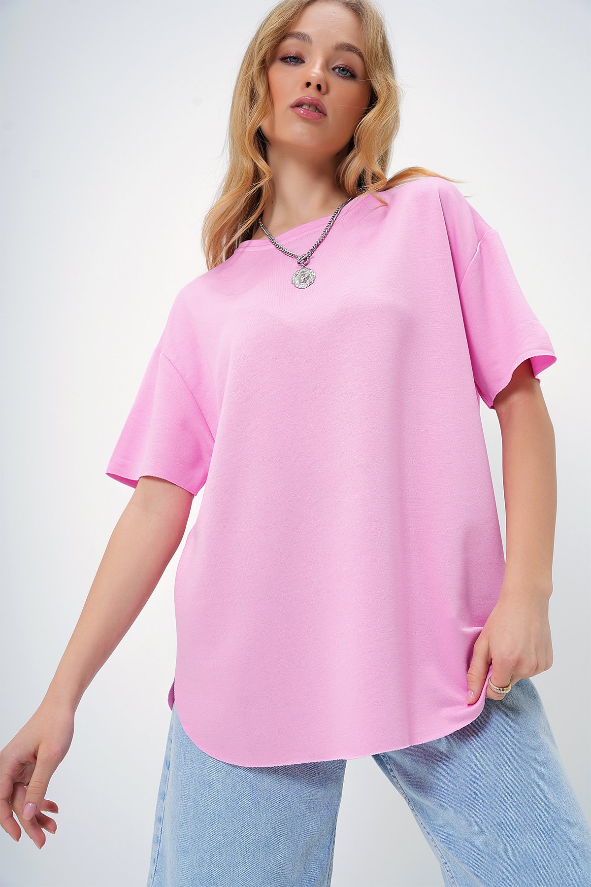 Bisiklet Yaka Oval Kesim Modal T-Shirt - PEMBE