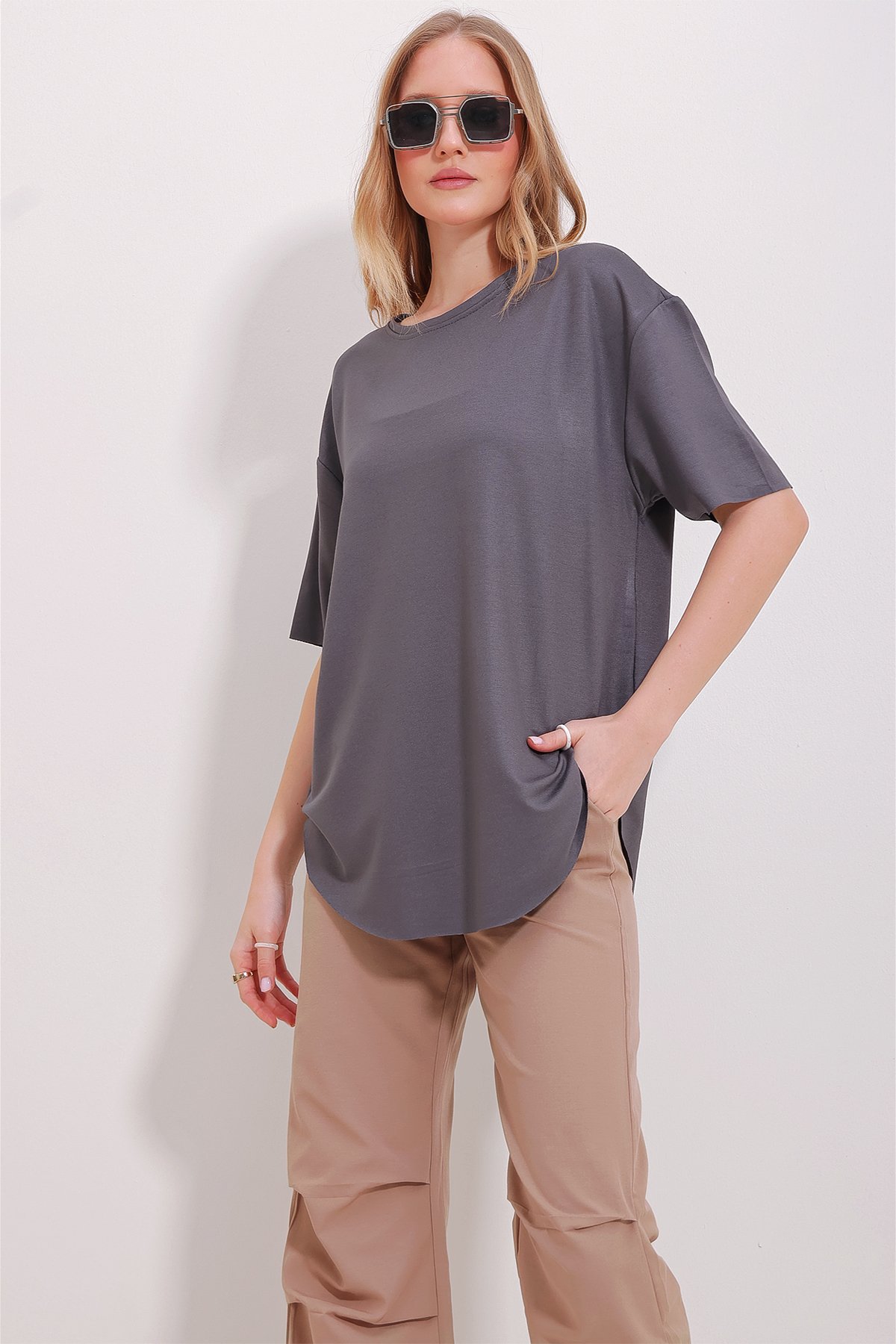 Bisiklet Yaka Oval Kesim Modal T-Shirt - Antrasit