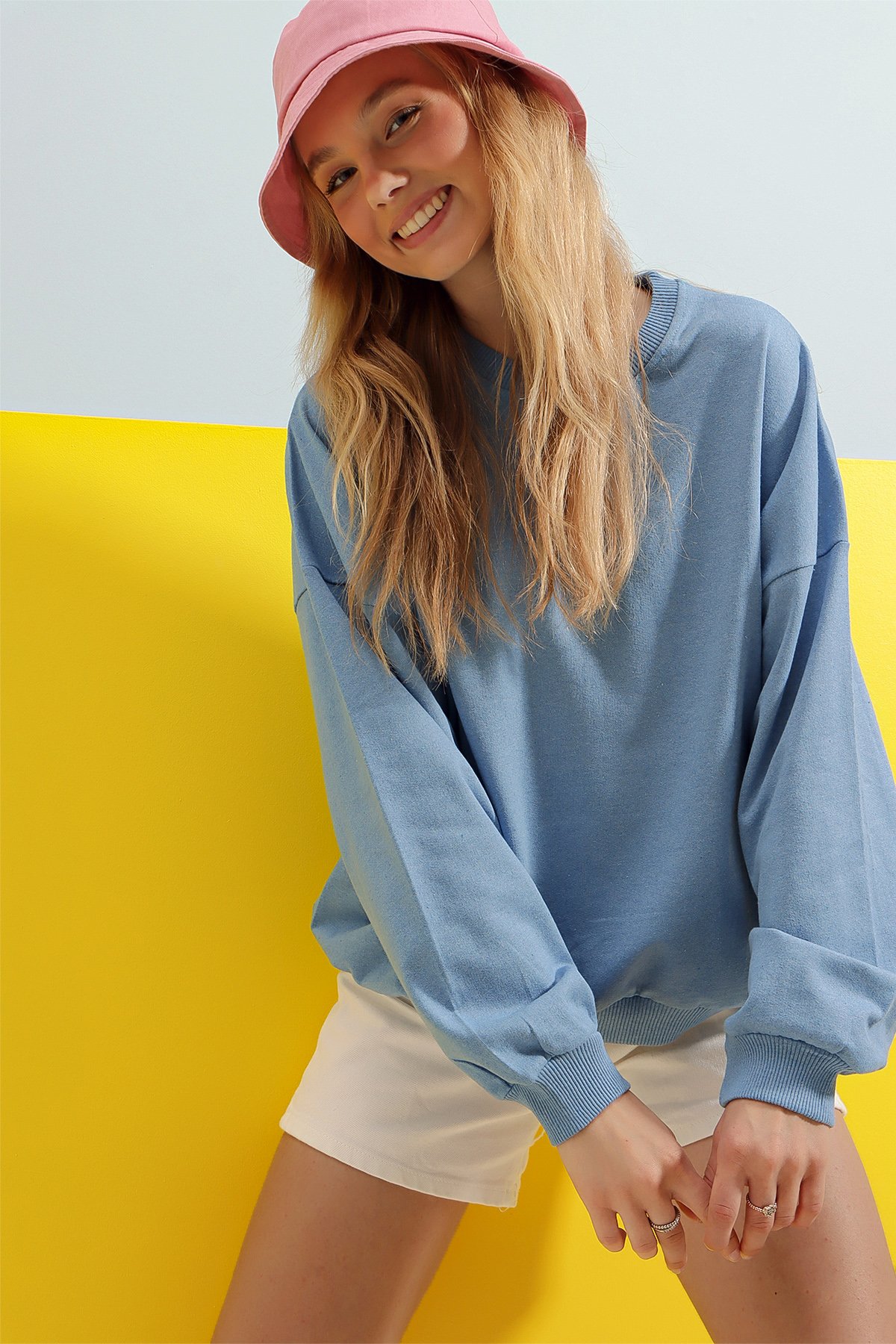 Bisiklet Yaka Oversize Basic Sweatshirt - Gök Mavi
