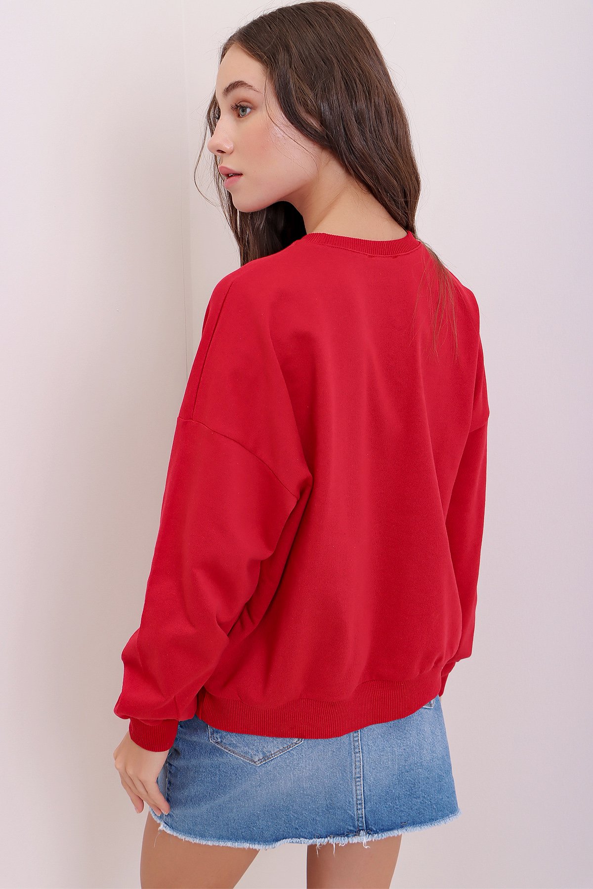 Bisiklet Yaka Oversize Basic Sweatshirt - Kırmızı
