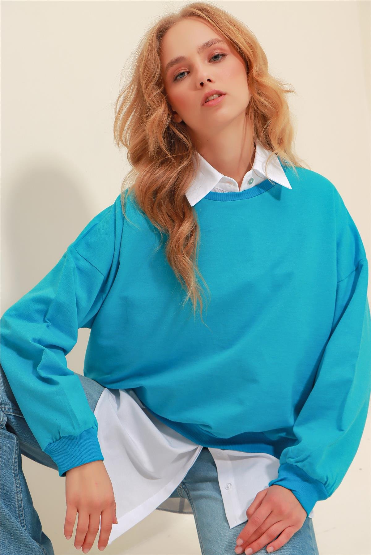 Bisiklet Yaka Oversize Basic Sweatshirt - Turkuaz Mavisi