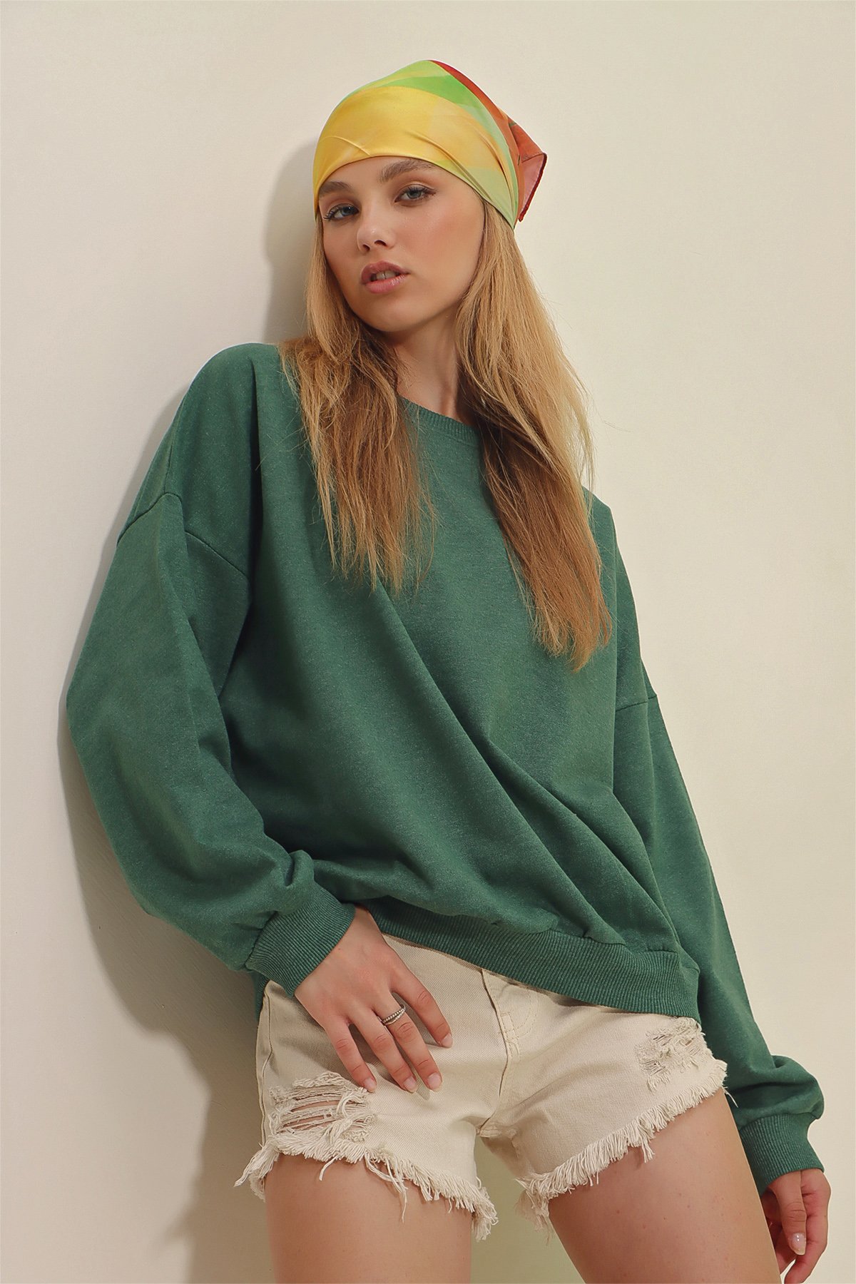 Bisiklet Yaka Oversize Basic Sweatshirt - Nefti Yeşili