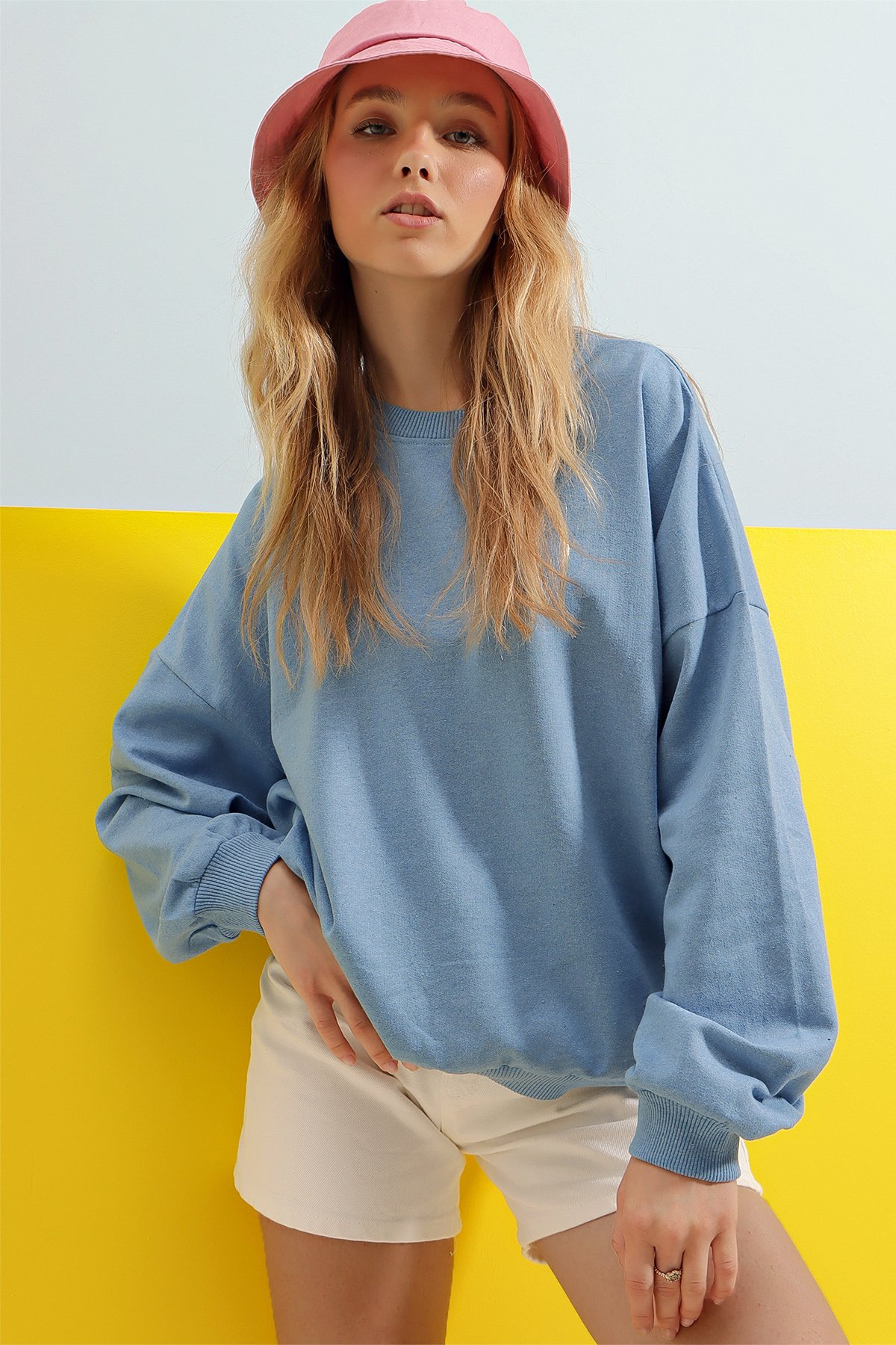 Bisiklet Yaka Oversize Basic Sweatshirt - Gök Mavi