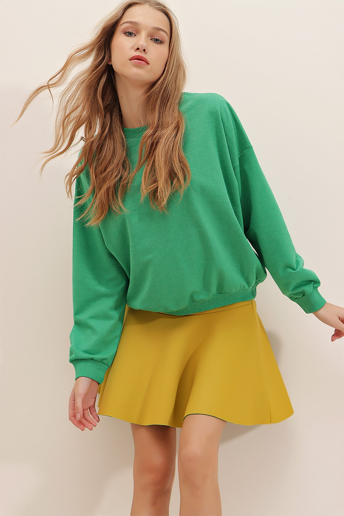 Bisiklet Yaka Oversize Basic Sweatshirt - Koyu Yeşil