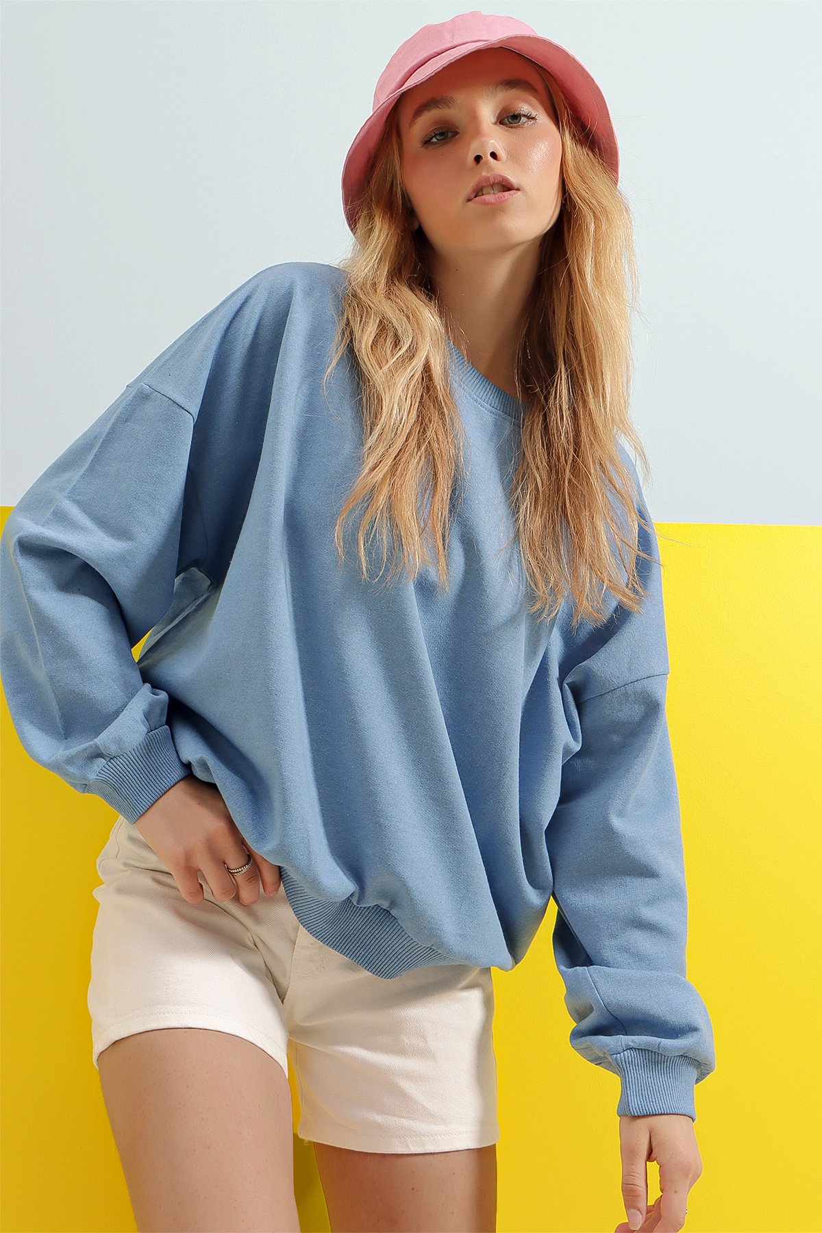 Bisiklet Yaka Oversize Basic Sweatshirt - Gök Mavi