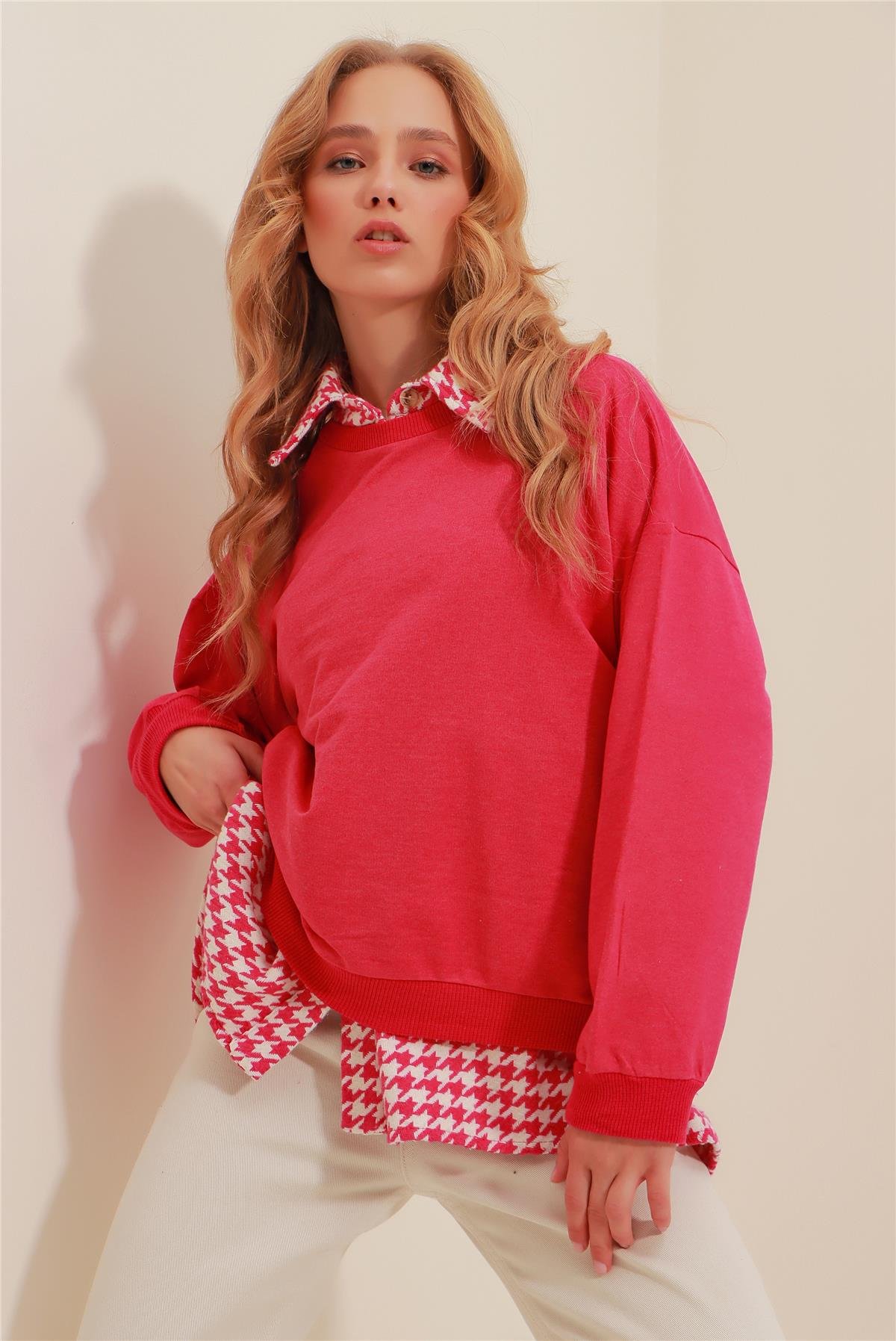 Bisiklet Yaka Oversize Basic Sweatshirt - Fuşya