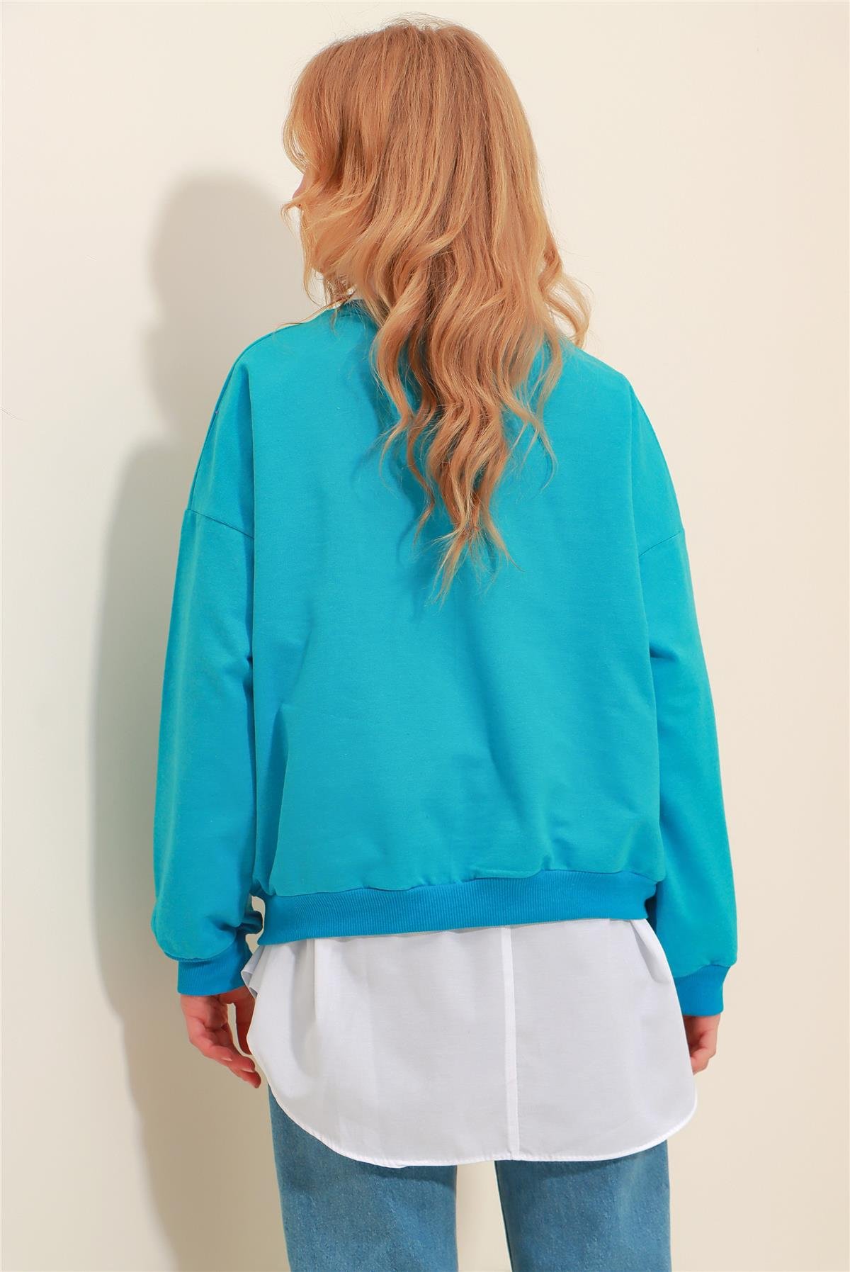 Bisiklet Yaka Oversize Basic Sweatshirt - Turkuaz Mavisi