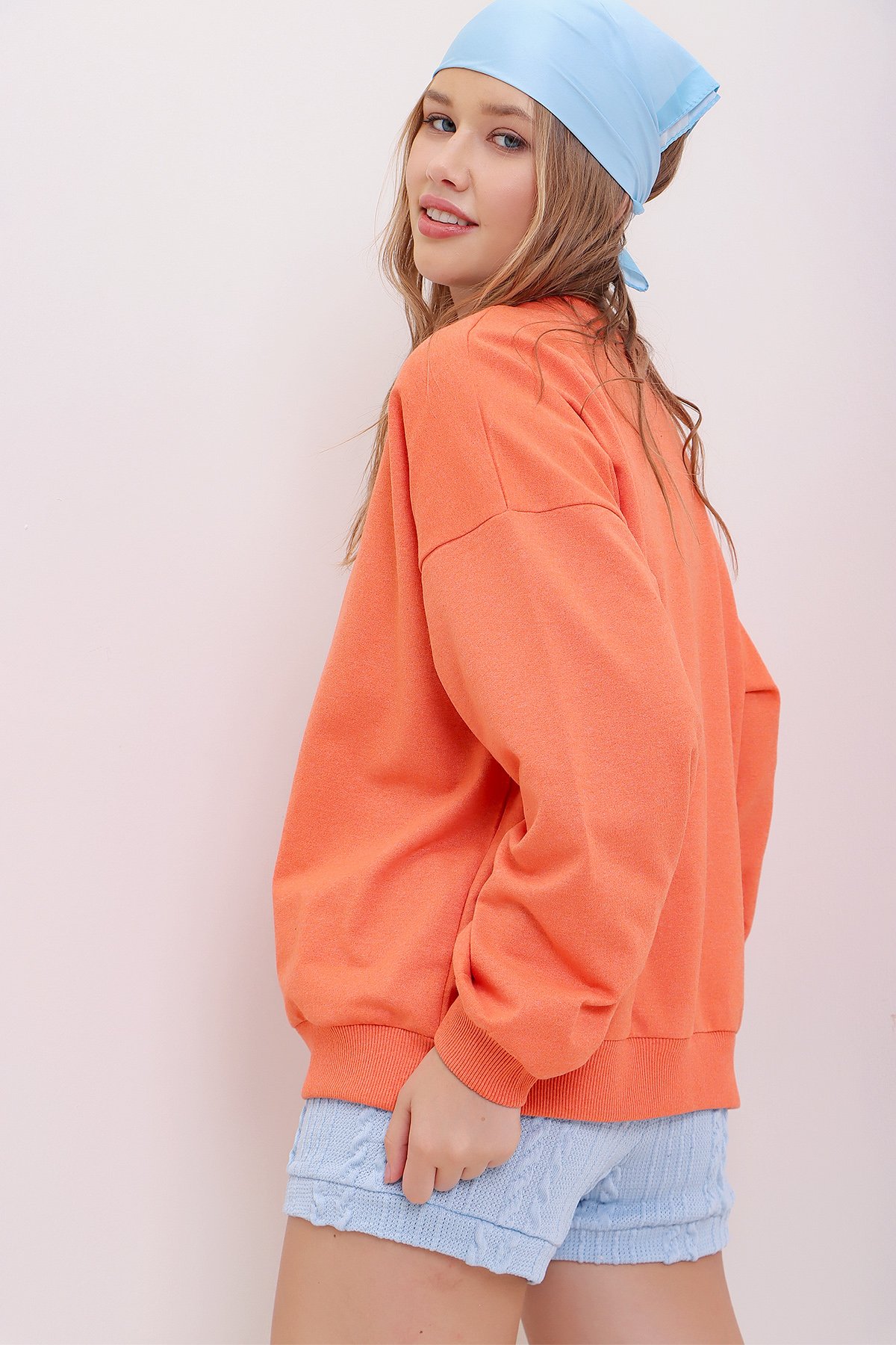 Bisiklet Yaka Oversize Basic Sweatshirt - Turuncu