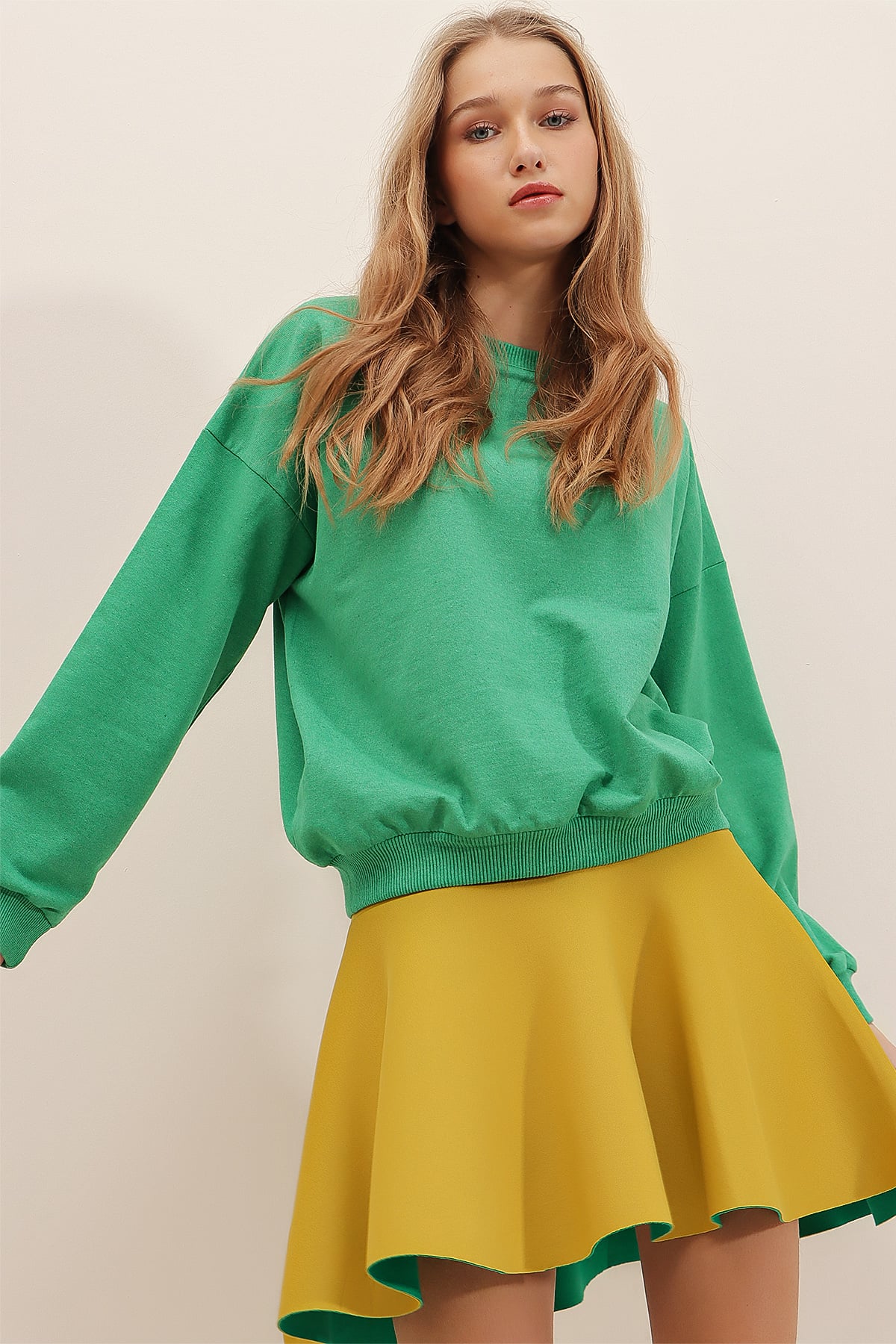 Bisiklet Yaka Oversize Basic Sweatshirt - Koyu Yeşil