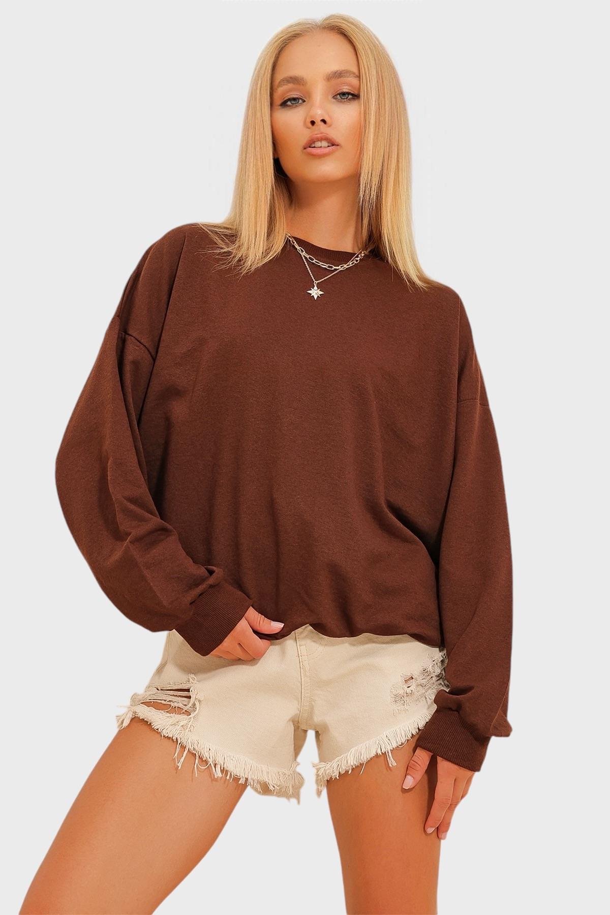 Bisiklet Yaka Oversize Basic Sweatshirt - Acı Kahve