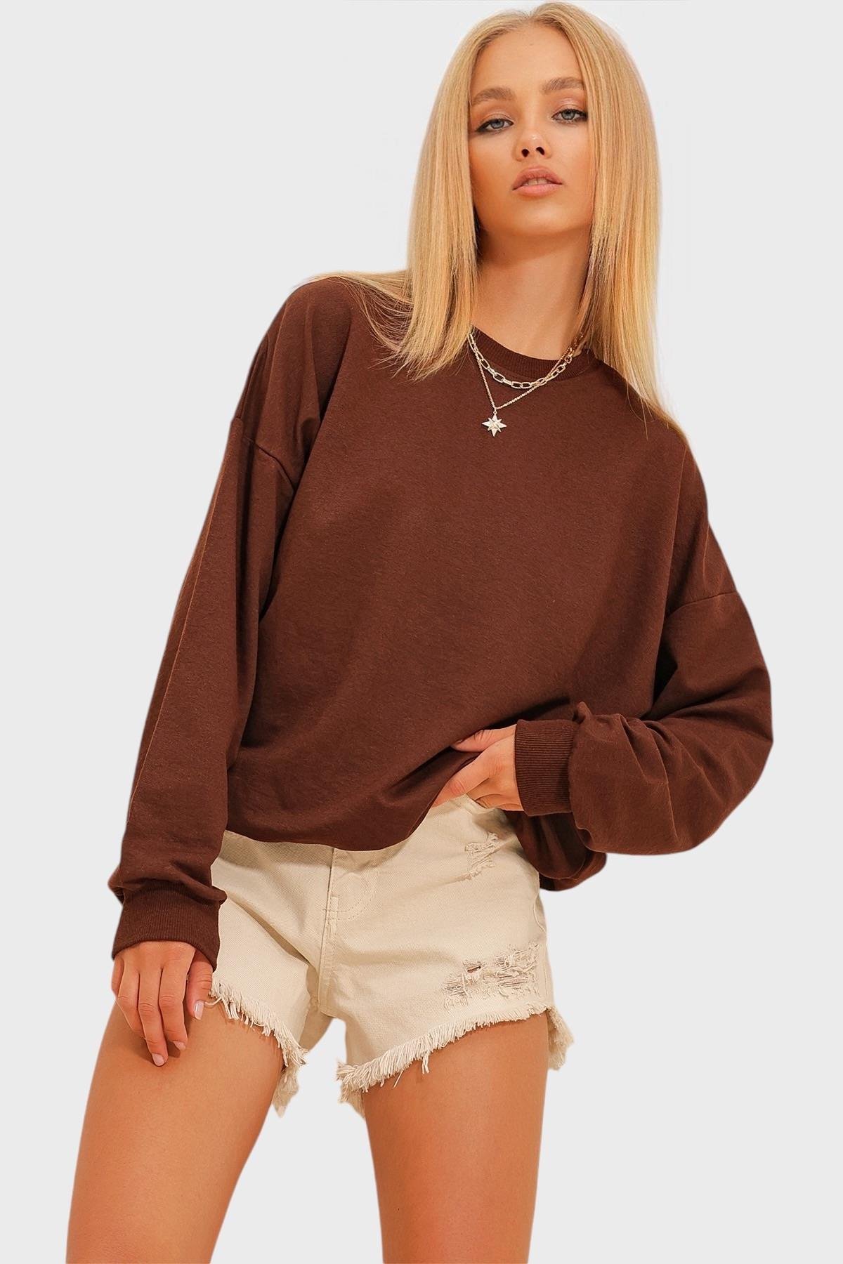 Bisiklet Yaka Oversize Basic Sweatshirt - Acı Kahve