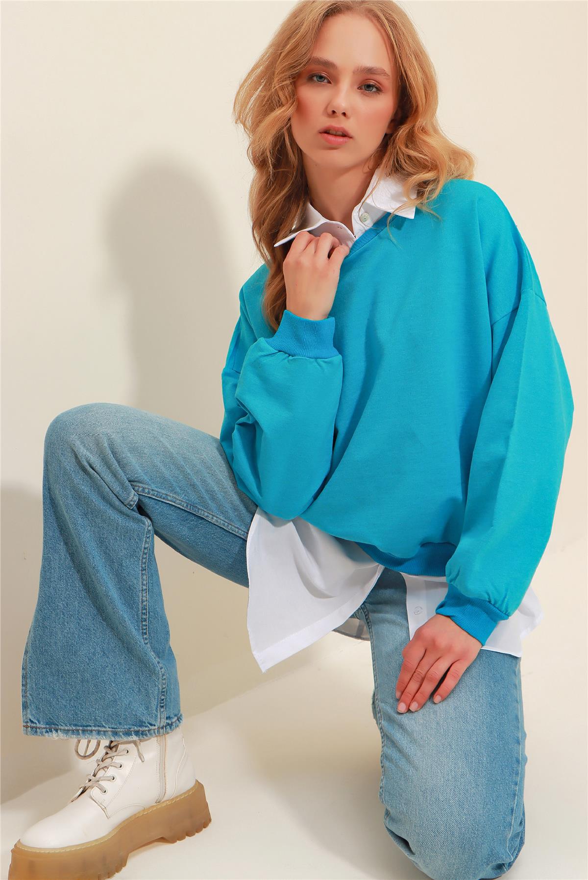 Bisiklet Yaka Oversize Basic Sweatshirt - Turkuaz Mavisi