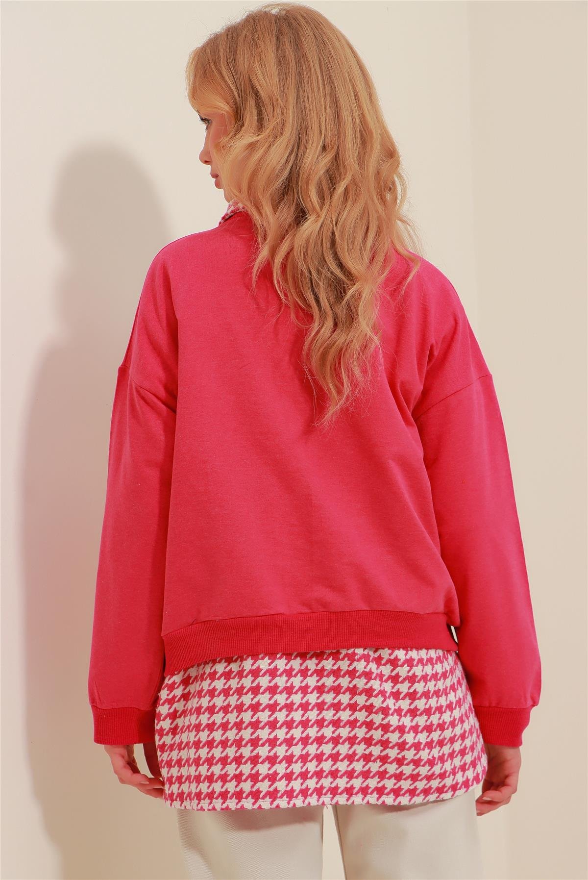 Bisiklet Yaka Oversize Basic Sweatshirt - Fuşya