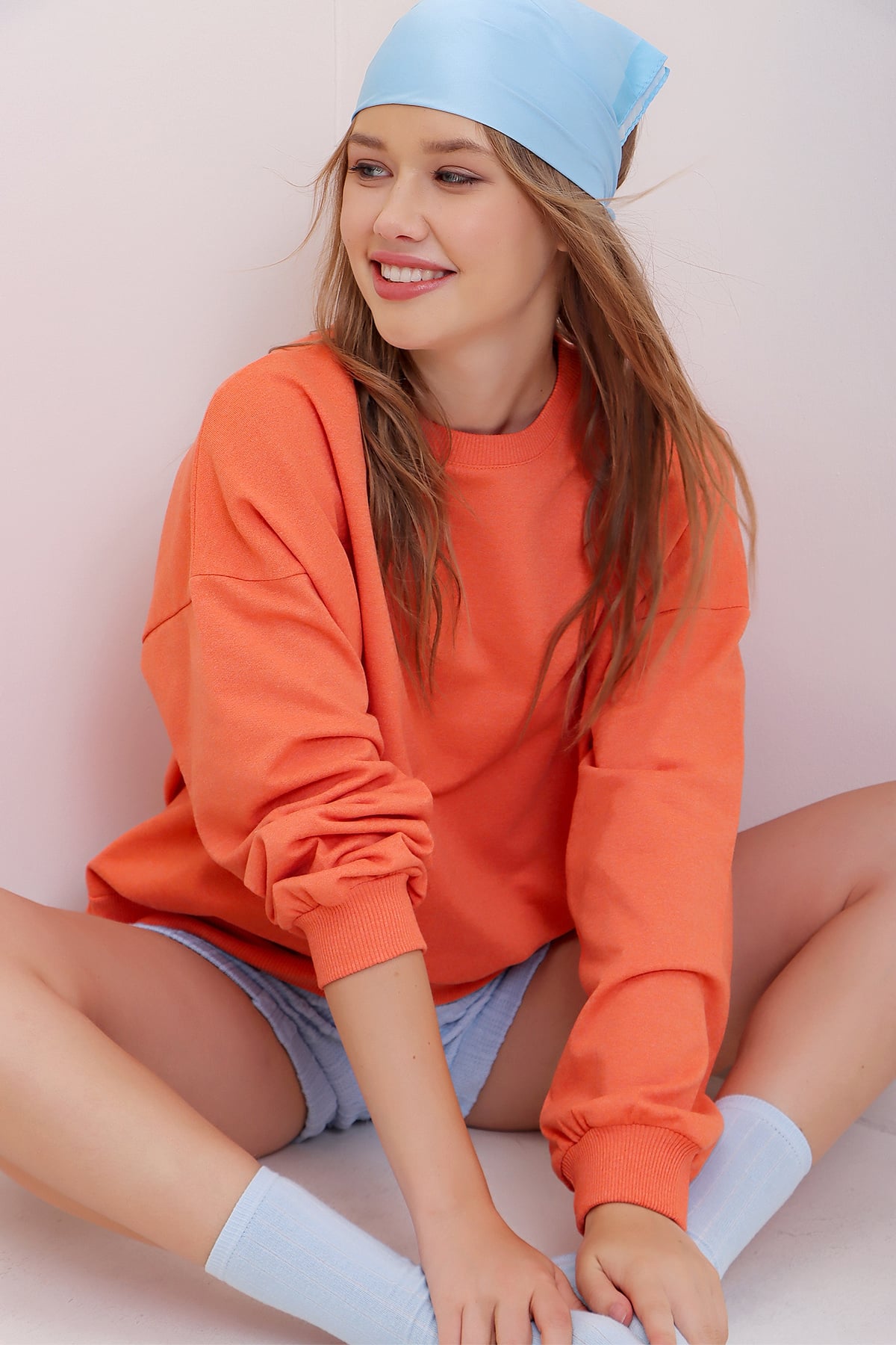 Bisiklet Yaka Oversize Basic Sweatshirt - Turuncu