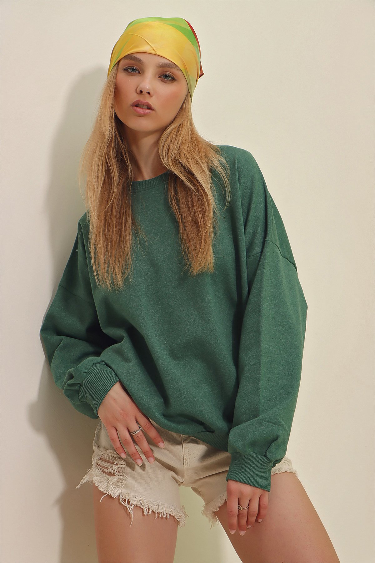 Bisiklet Yaka Oversize Basic Sweatshirt - Nefti Yeşili