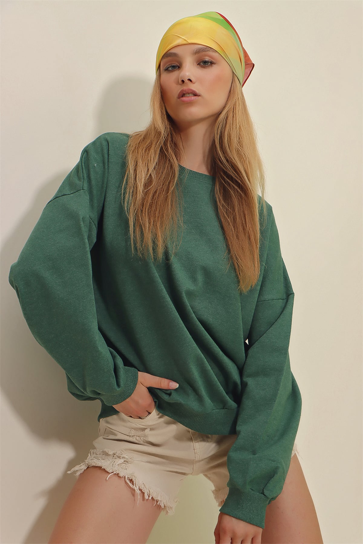 Bisiklet Yaka Oversize Basic Sweatshirt - Nefti Yeşili