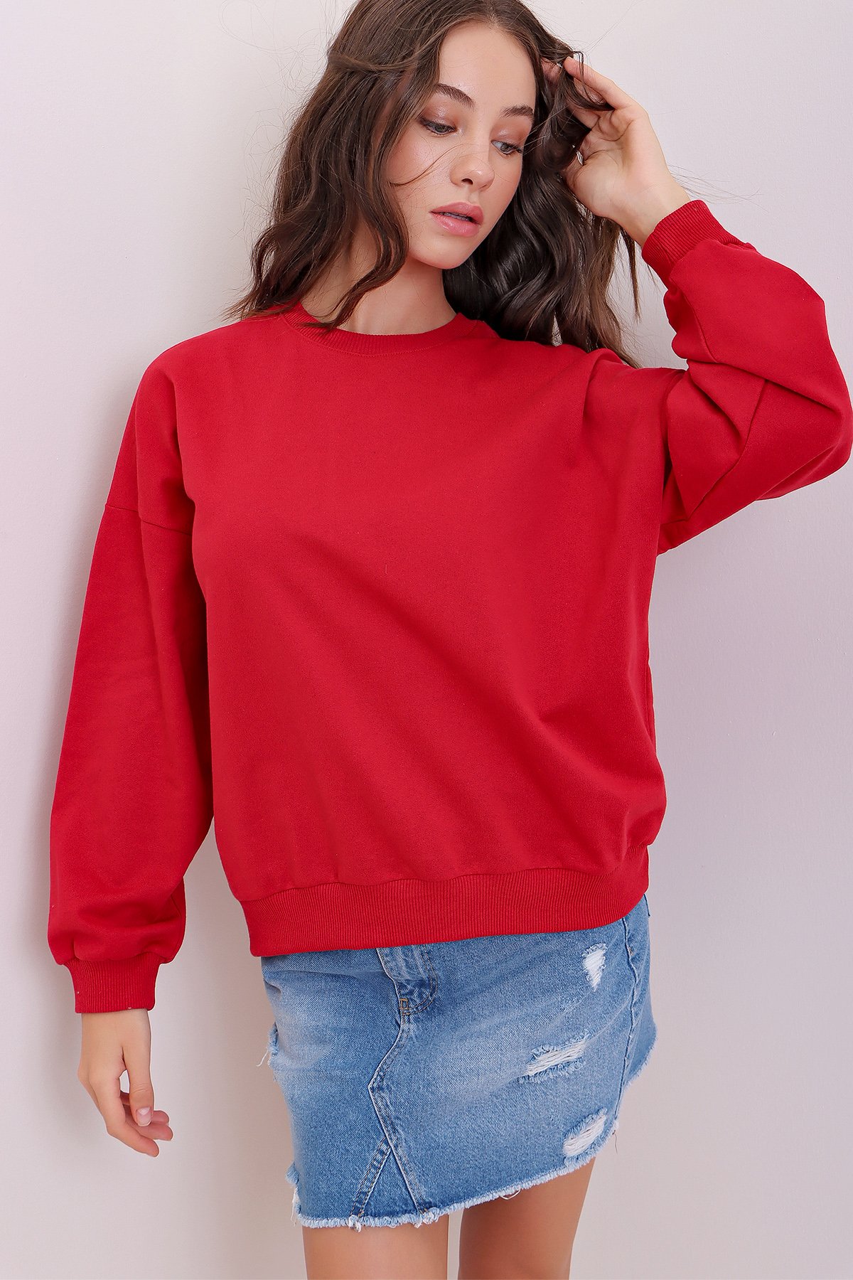 Bisiklet Yaka Oversize Basic Sweatshirt - Kırmızı
