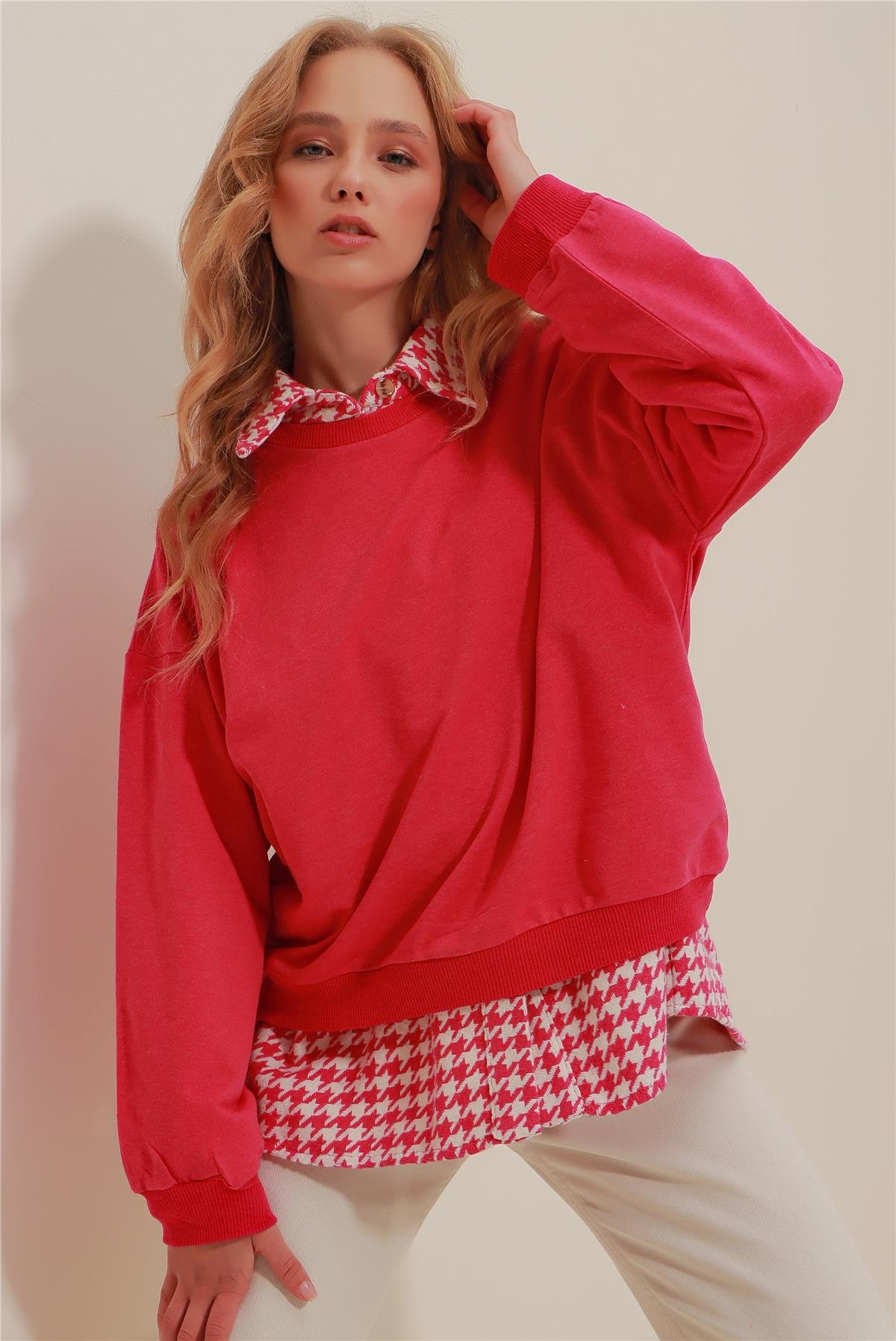 Bisiklet Yaka Oversize Basic Sweatshirt - Fuşya