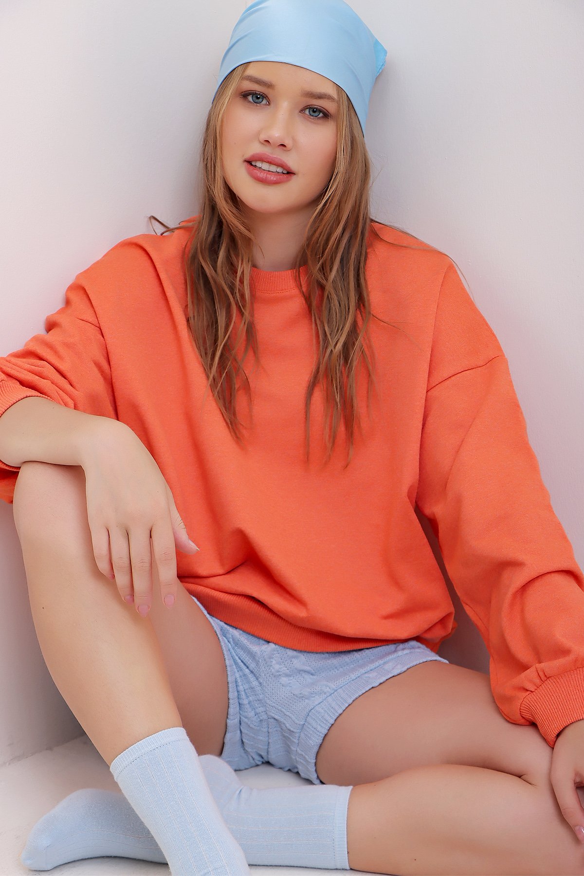 Bisiklet Yaka Oversize Basic Sweatshirt - Turuncu