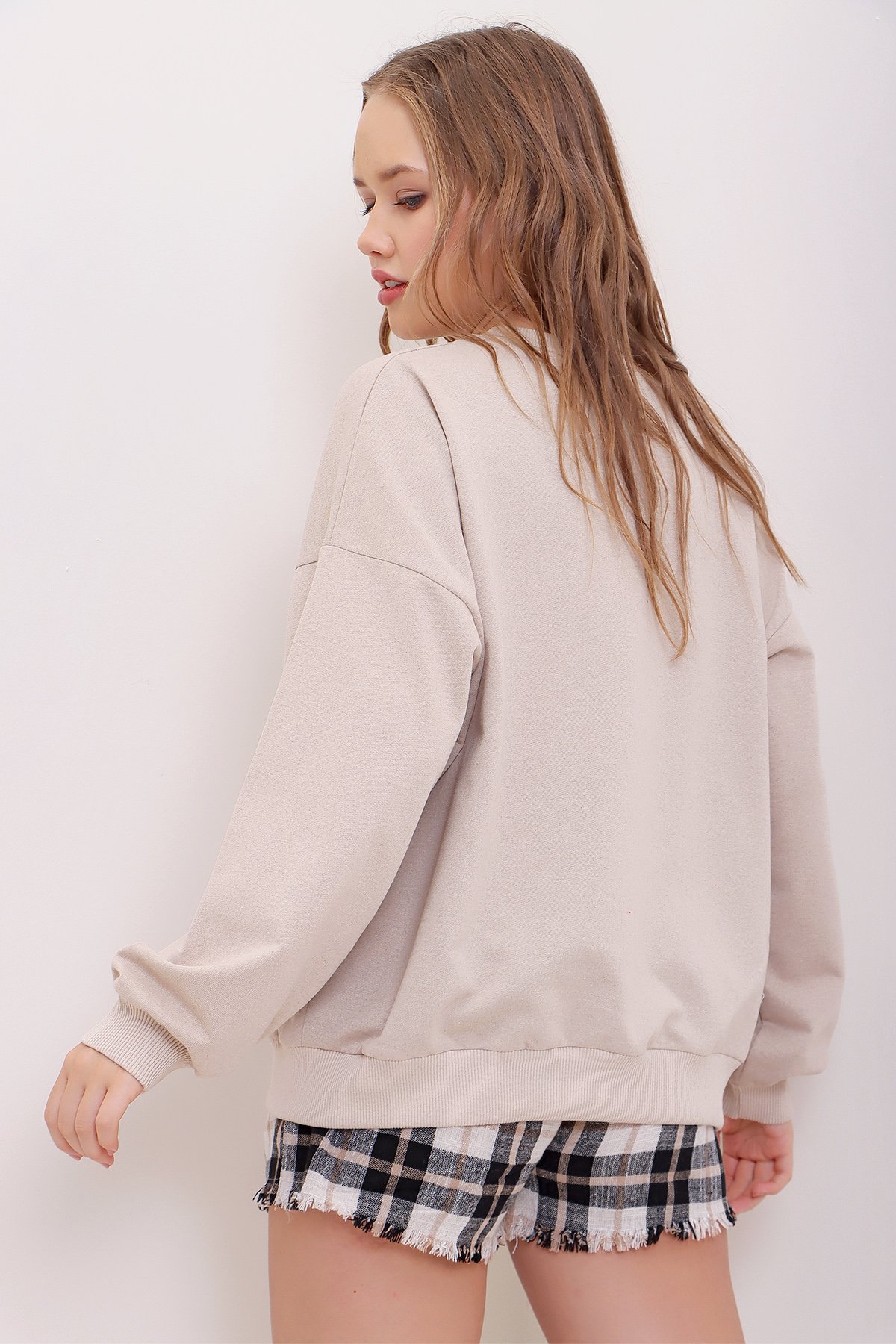 Bisiklet Yaka Oversize Basic Sweatshirt - Taş