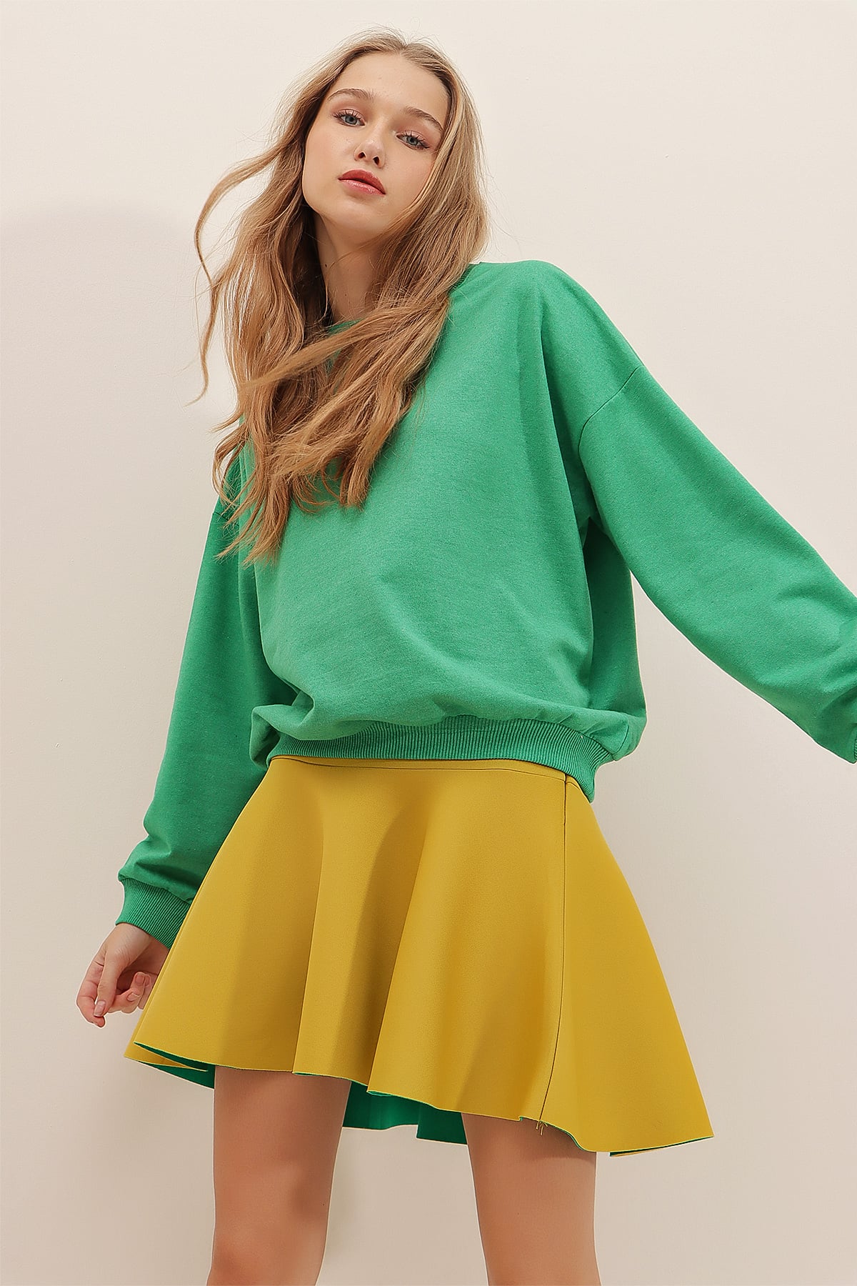 Bisiklet Yaka Oversize Basic Sweatshirt - Koyu Yeşil