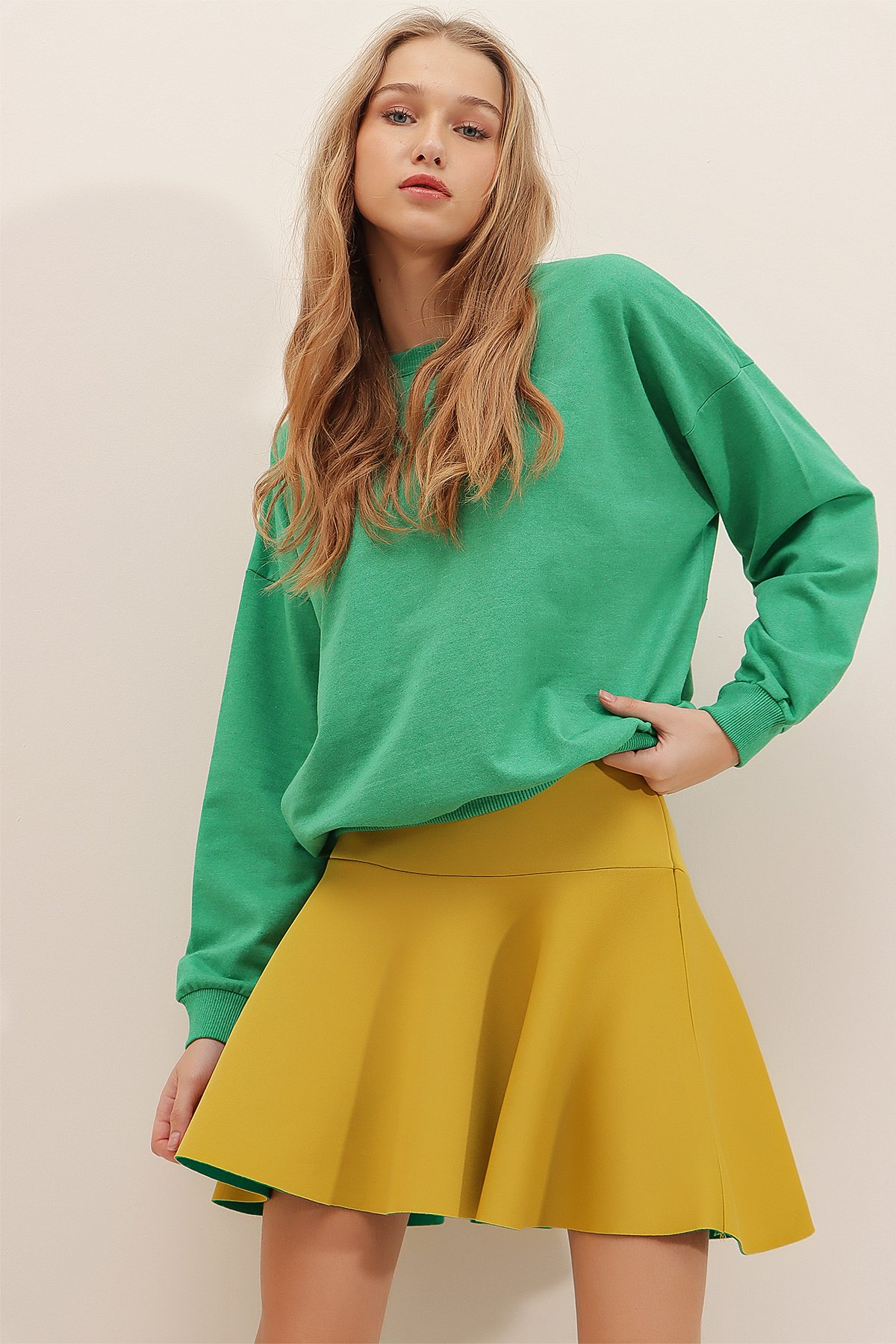 Bisiklet Yaka Oversize Basic Sweatshirt - Koyu Yeşil