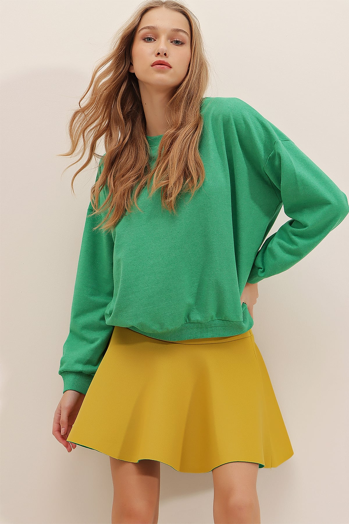 Bisiklet Yaka Oversize Basic Sweatshirt - Koyu Yeşil