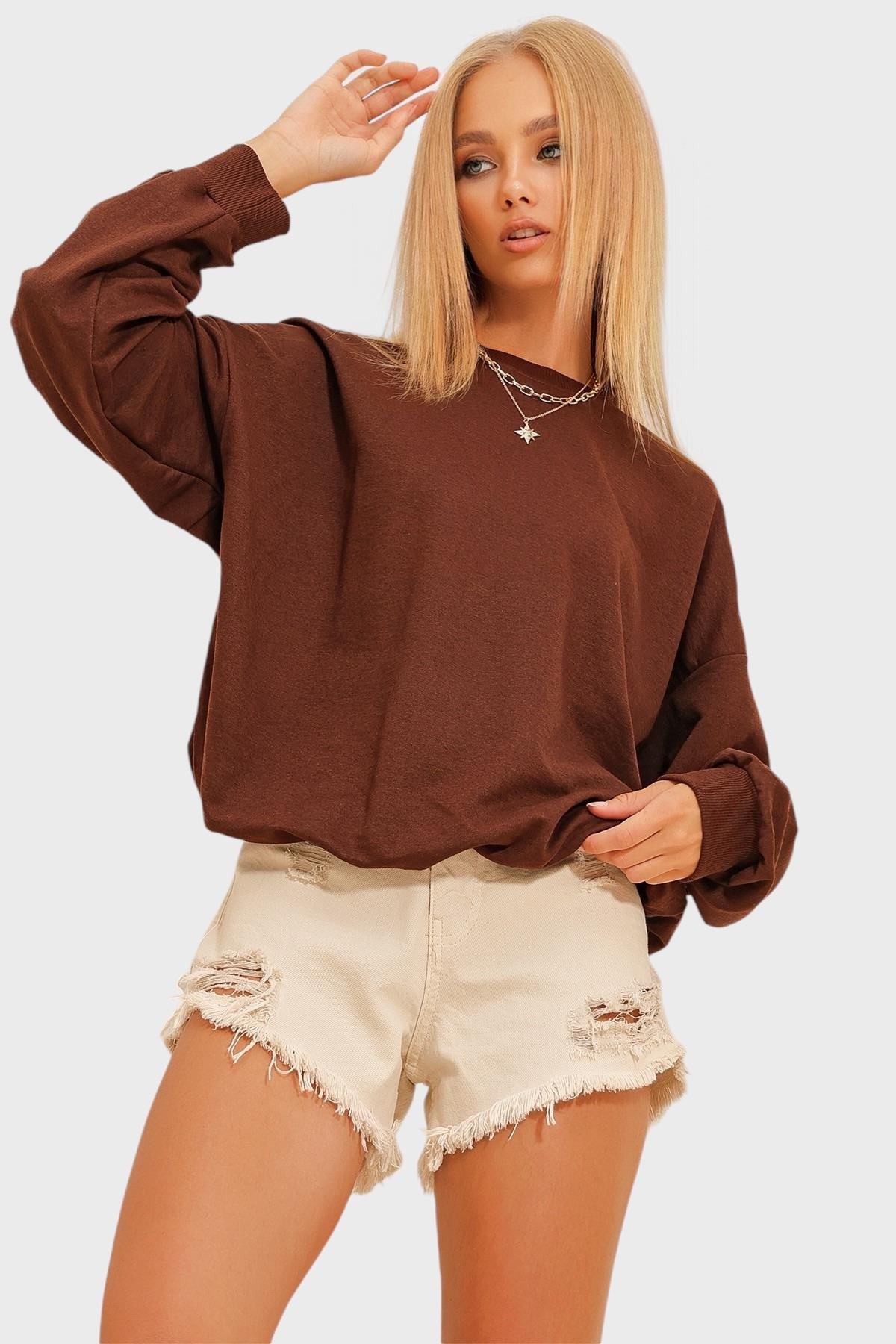 Bisiklet Yaka Oversize Basic Sweatshirt - Acı Kahve