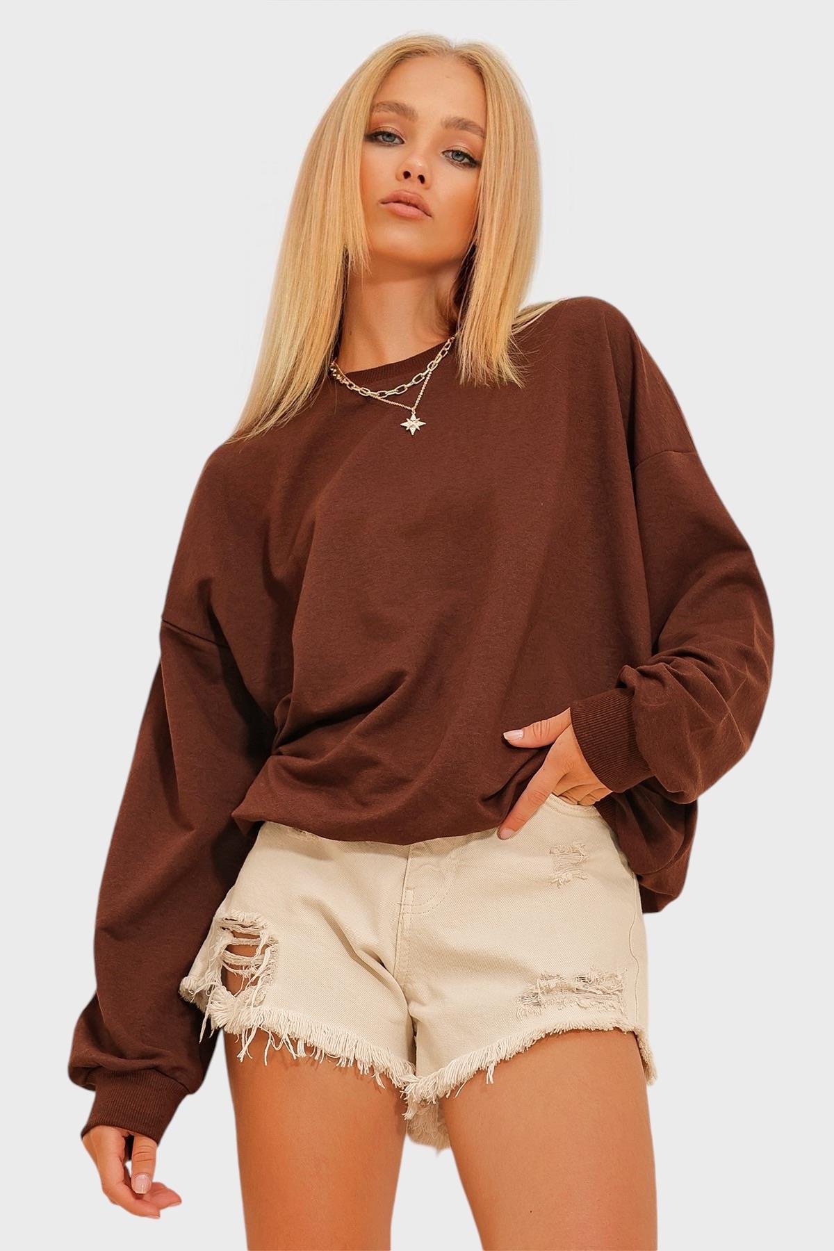 Bisiklet Yaka Oversize Basic Sweatshirt - Acı Kahve