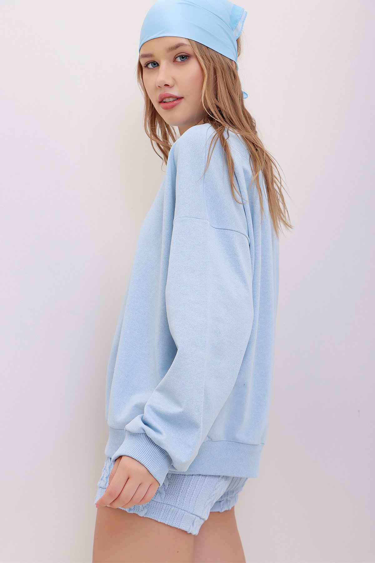 Bisiklet Yaka Oversize Basic Sweatshirt - Mavi