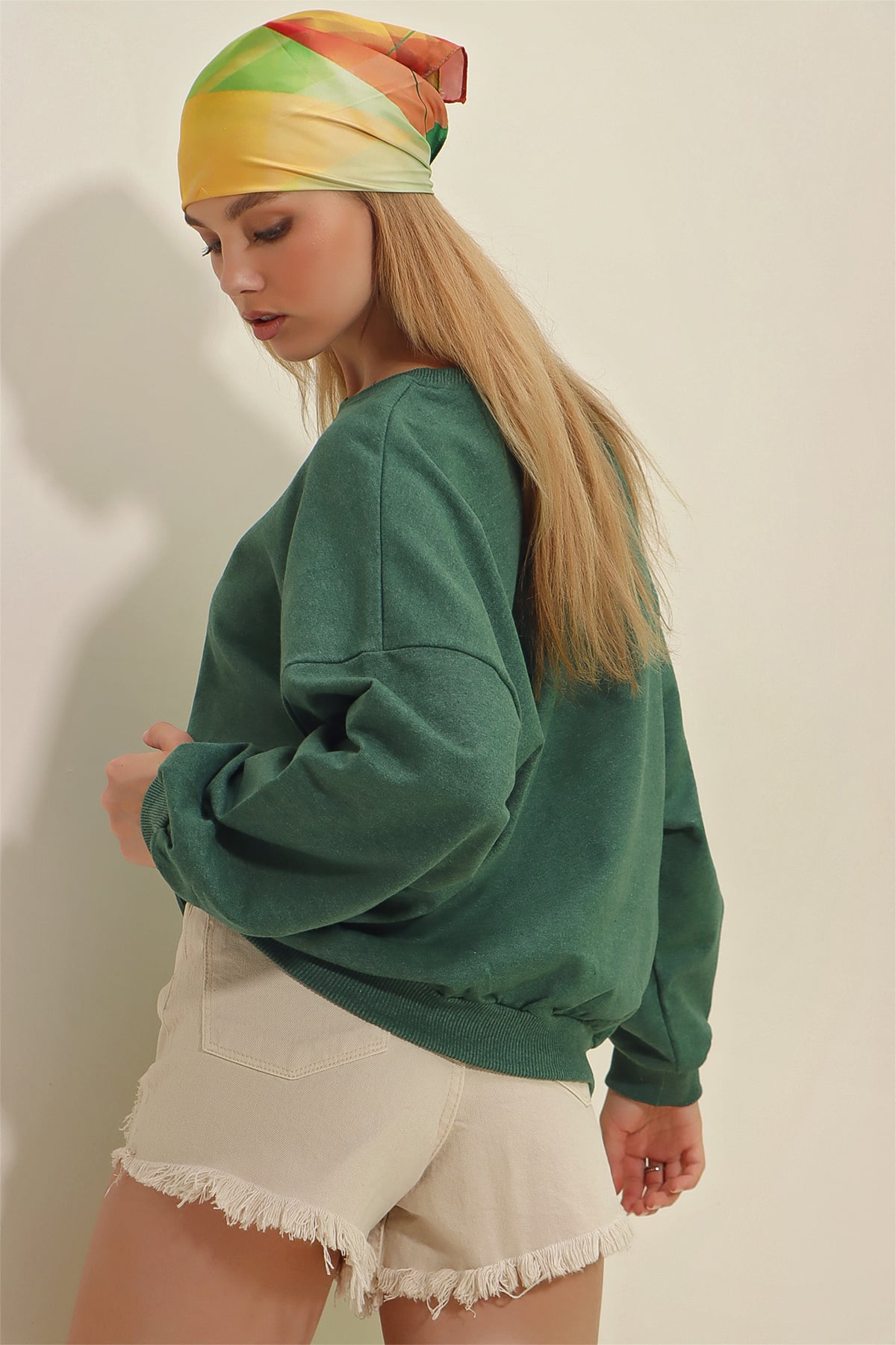 Bisiklet Yaka Oversize Basic Sweatshirt - Nefti Yeşili