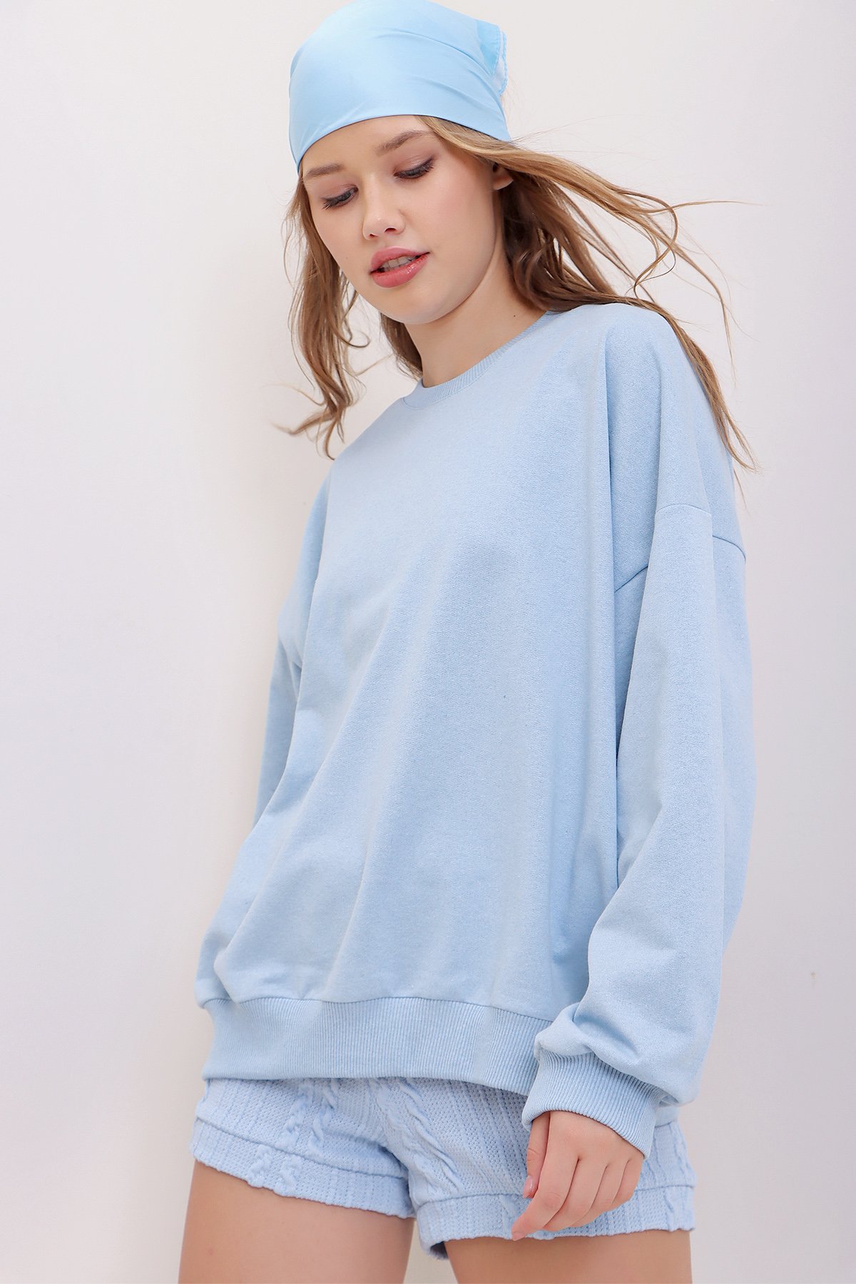 Bisiklet Yaka Oversize Basic Sweatshirt - Mavi