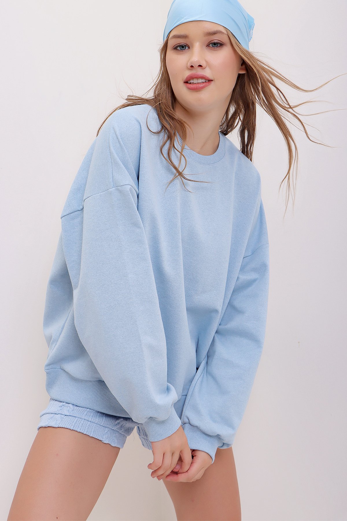 Bisiklet Yaka Oversize Basic Sweatshirt - Mavi