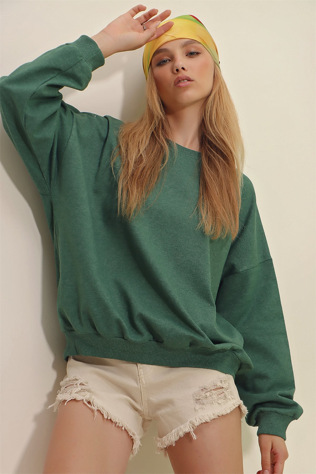 Bisiklet Yaka Oversize Basic Sweatshirt - Nefti Yeşili