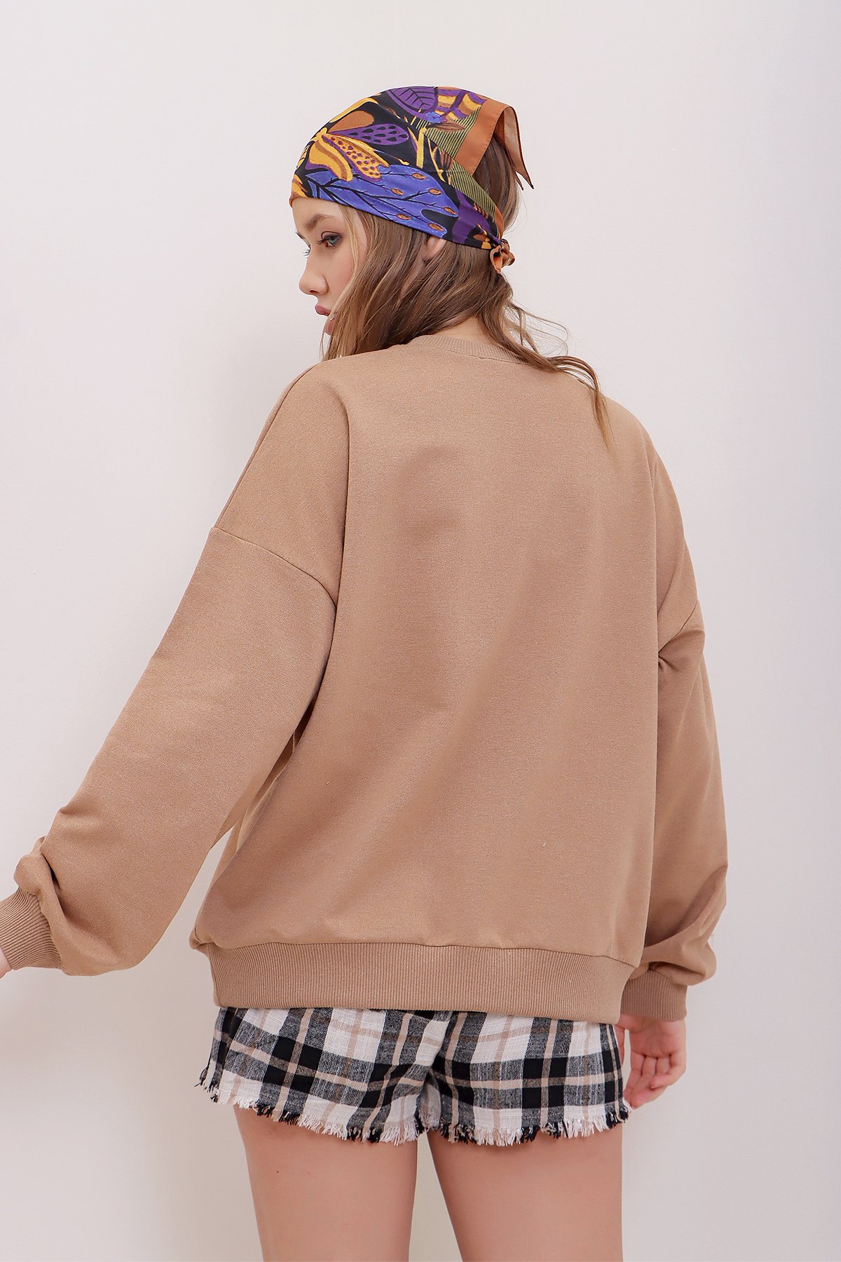 Bisiklet Yaka Oversize Basic Sweatshirt - Karamel